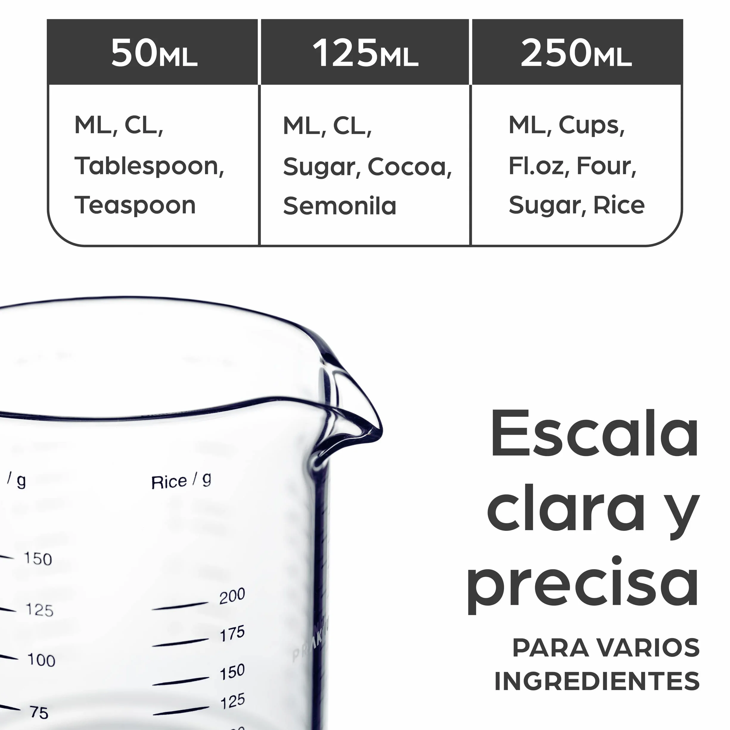 Jarra Medidora de Cristal 50ml 125ml 250ml Escala Precisa Apilable Resistente al Calor y al Microondas