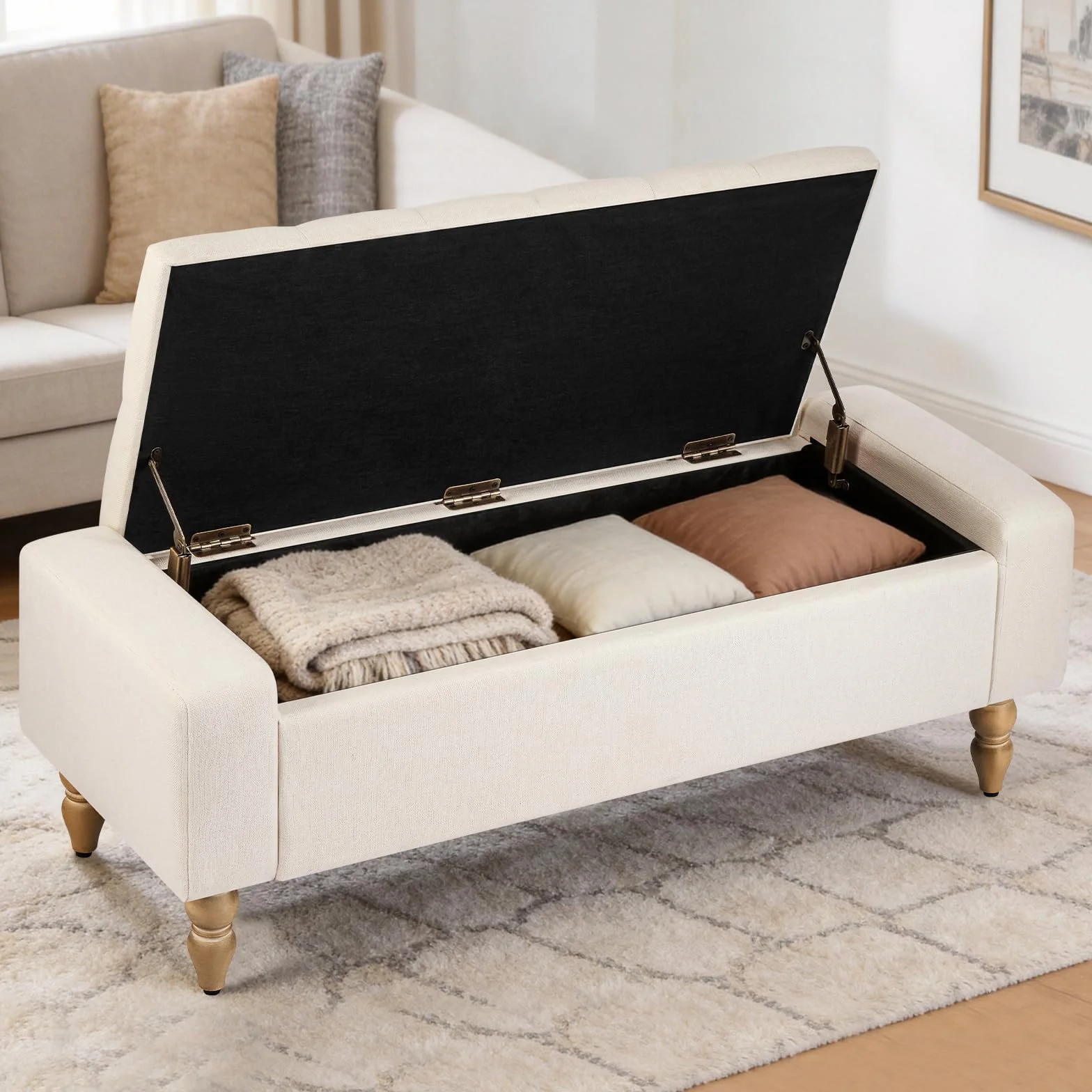 Banco de Almacenamiento con Asiento Acolchado – Banco Caja Multiusos para Entrada, Salón o Dormitorio | Pouf con Caja de Gran Capacidad, Tapizado Resistente y Fácil Montaje | Diseño Moderno Beige