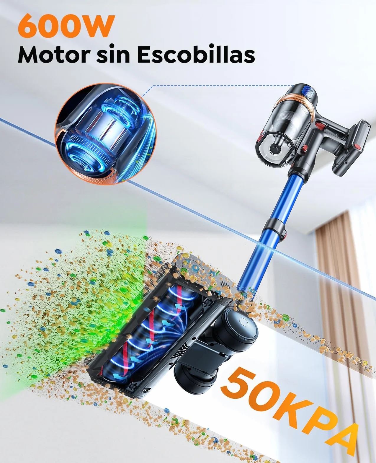 600W/50KPa Aspiradora sin Cable,65 Mins Autonomía,Aspirador Escoba Vertical con Cepillo Antiácaros,Pantalla Táctil,Función Aromática,Carga en Pared,Anti-Enredos,Luz LED,Adecuado Suelos/Sofás/Mascotas