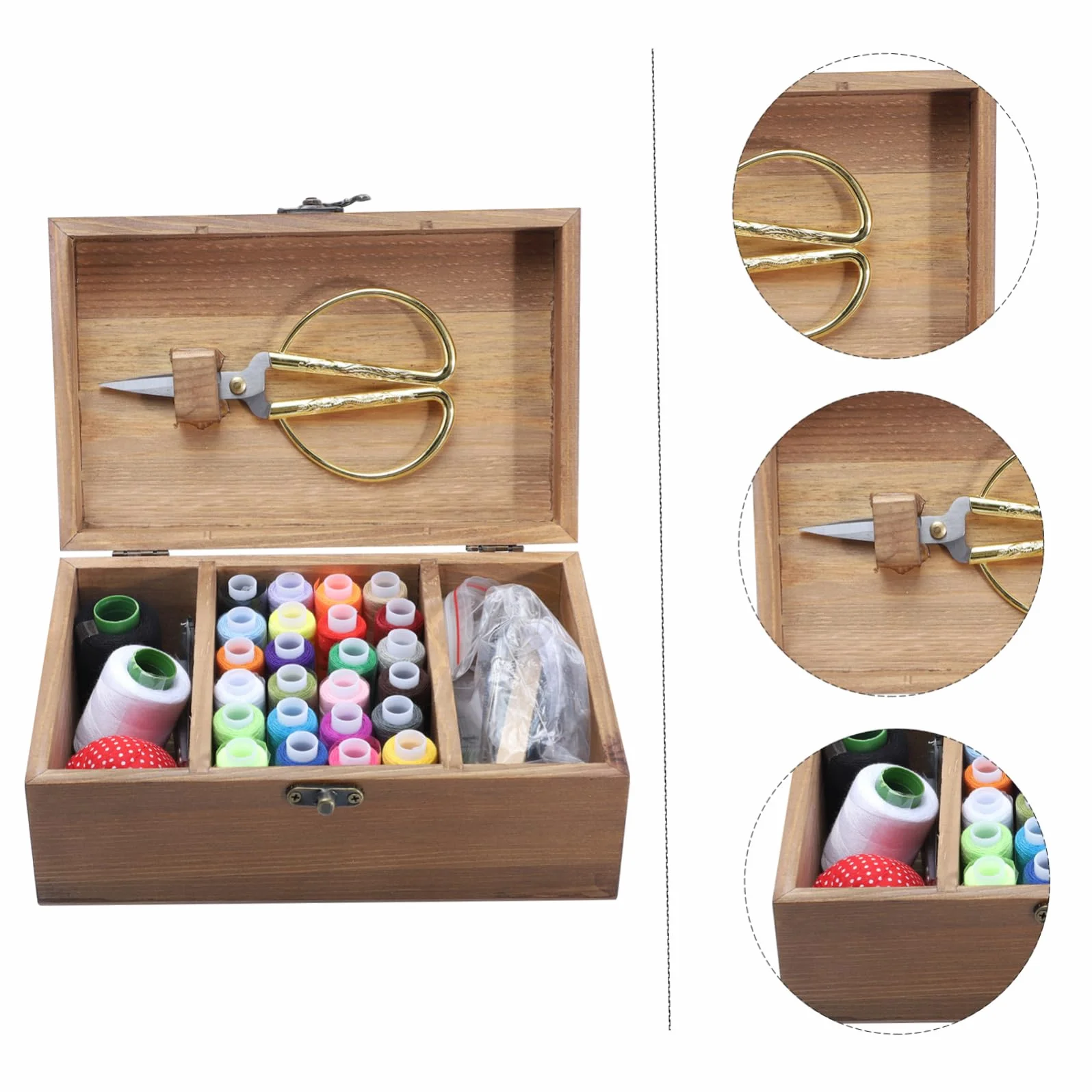 OSALADI Caja de Costura de Madera Retro para Coser, Kit de Costura Portátil Agujas E Hilo, Color Natural, para Manualidades y Uso Doméstico, Adecuado para Principiantes y Profesionales