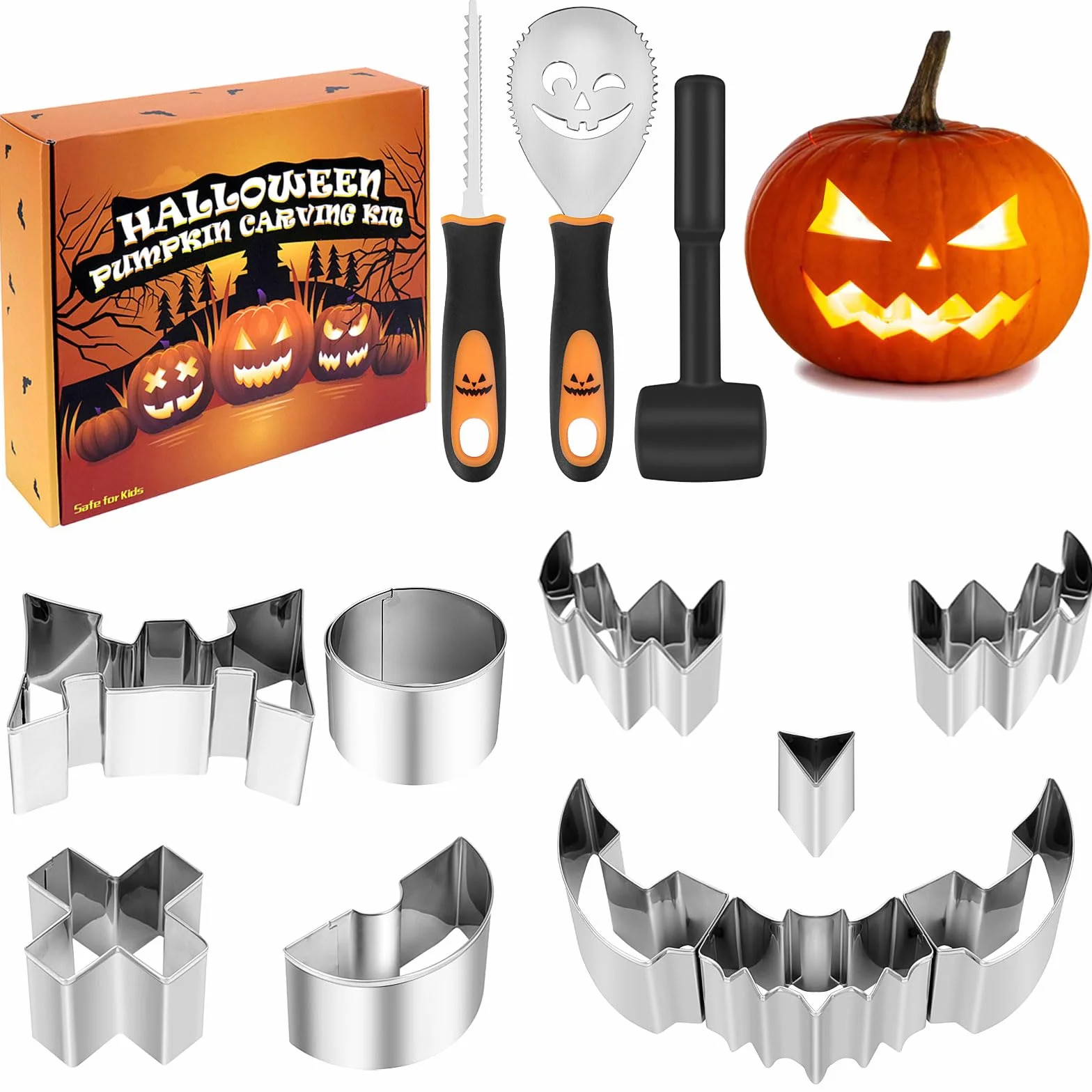 Meetory Juego de 13 piezas para tallar calabaza de Halloween, kit de acero inoxidable con plantillas