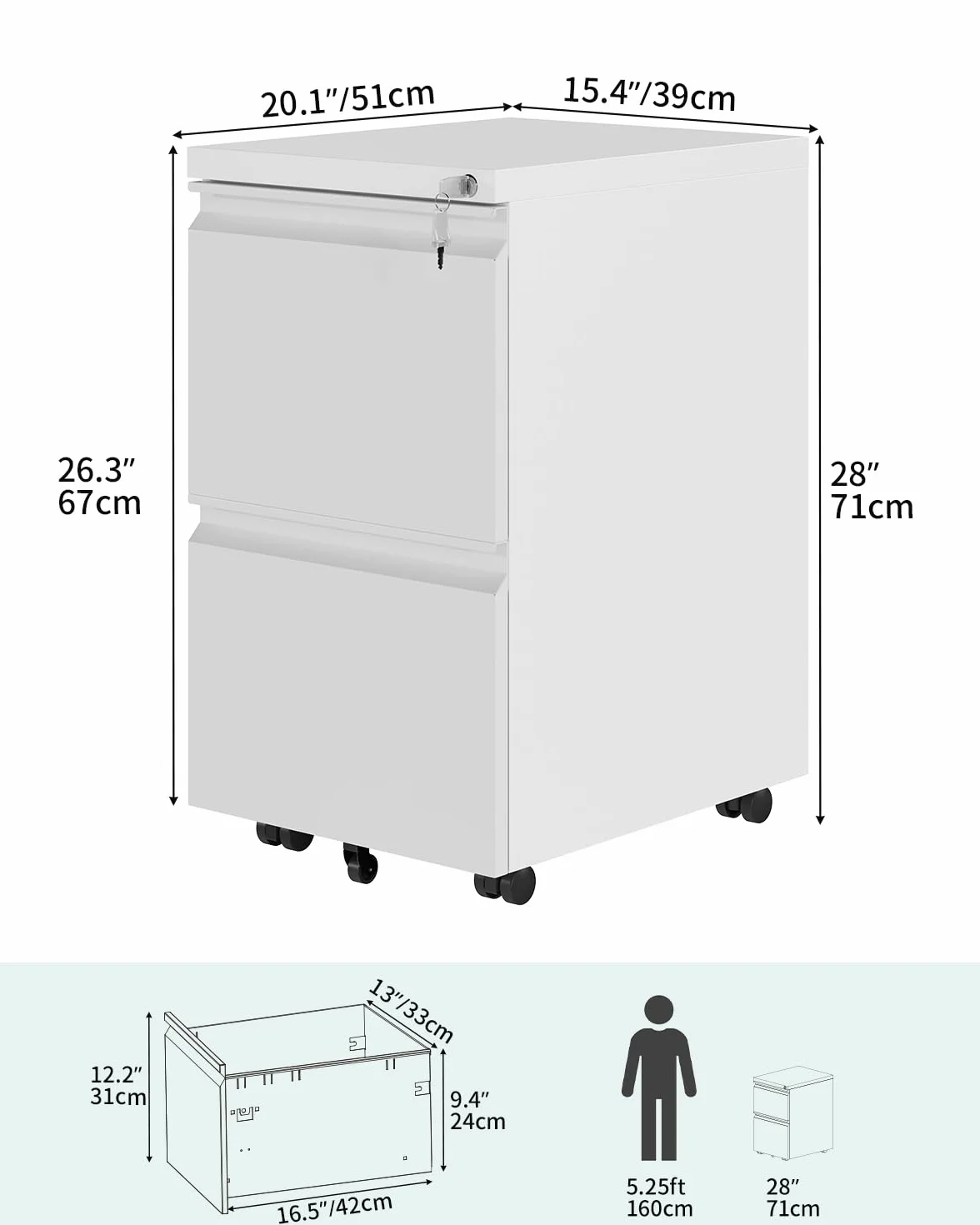YITAHOME Archivador móvil con 2 cajones con cerradura, archivador antivuelco con rueda para oficina en casa, blanco, 51x39x71 cm