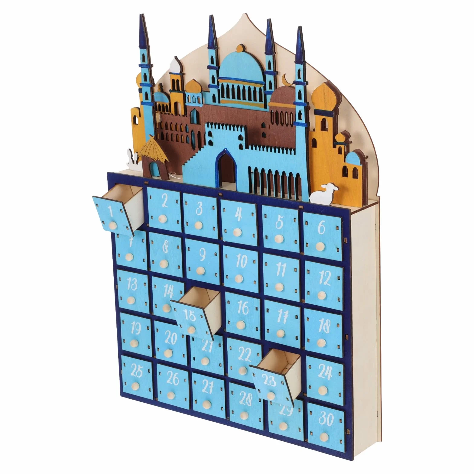HOMSFOU Calendario de Adviento de Ramadán de Madera Azul con Luz LED y Cuenta Regresiva de 30 Días para Decoración de Festivales y Adornos de Mesa