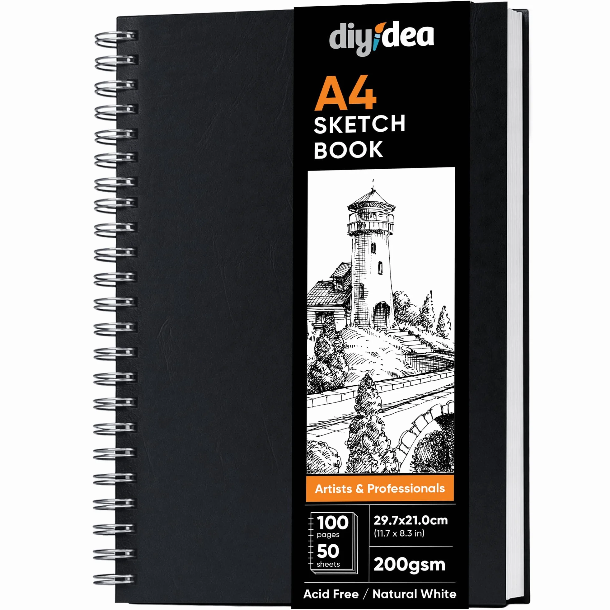 DIYIDEA Cuaderno de Dibujo A4 200 g/m² 100 Páginas Espiral Tapa Dura Bloc de Dibujo para Lápiz Carboncillo Grafito y Pastel