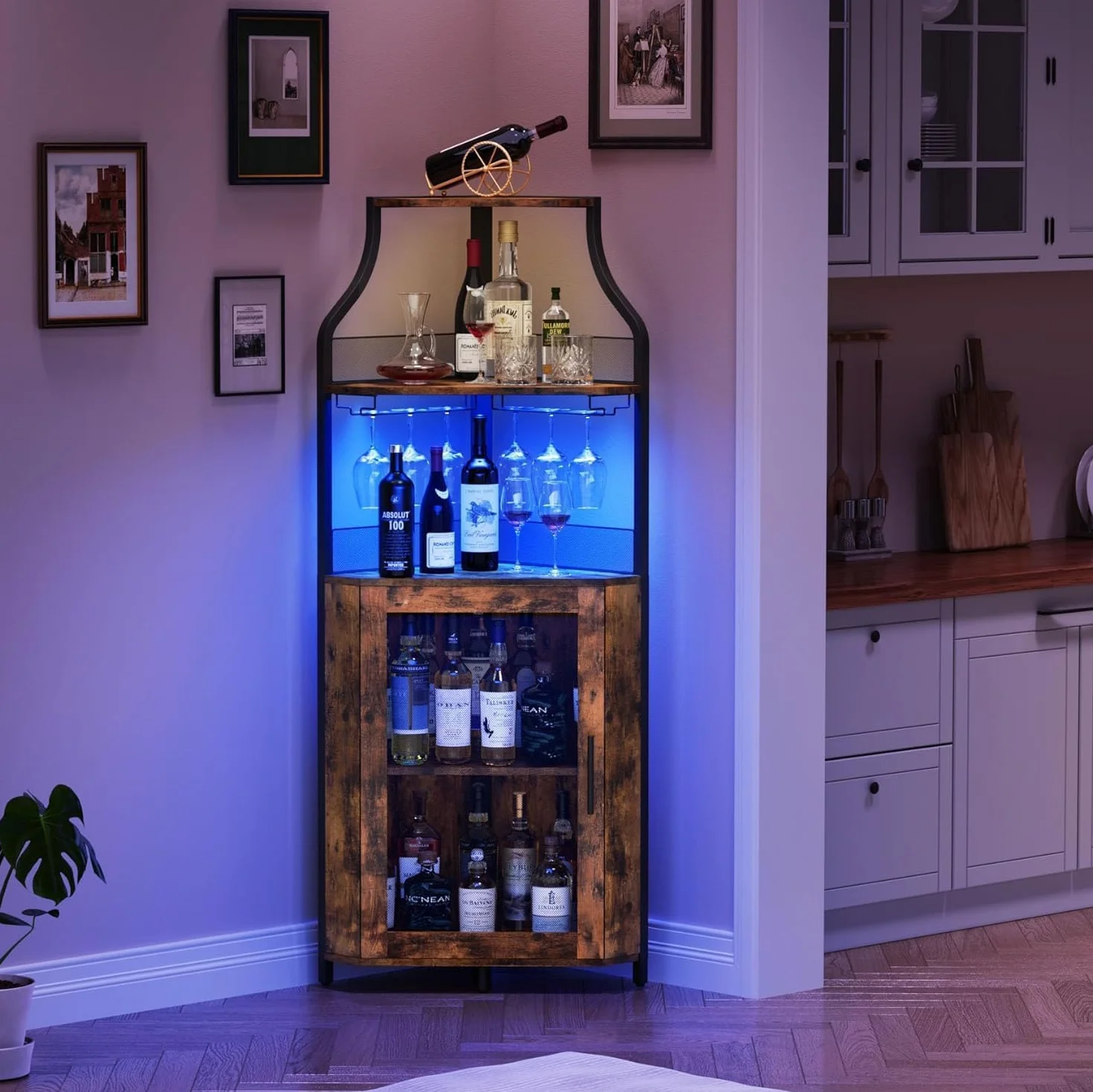 Armario de Vino con Luces LED, Mueble Bar Industrial de 5 Niveles con Botellero y Porta Copas, Estantería para Vinos con Puerta de Malla para Salón y Comedor, Marrón Retro