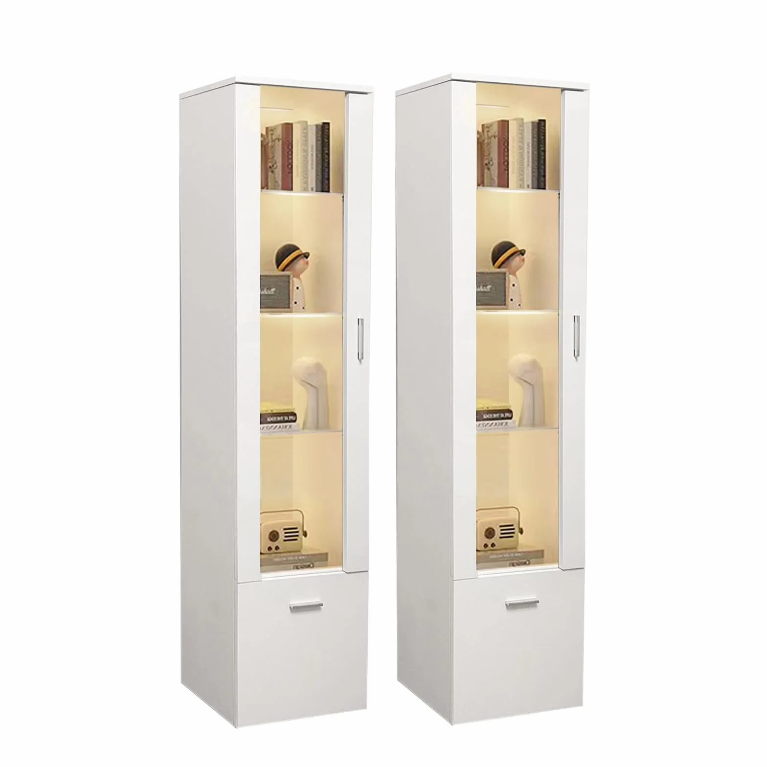 Juego de 2 vitrinas LED con puerta y estantes de vidrio, iluminación para salón, oficina, 42 x 30 x 160 cm (blanco)