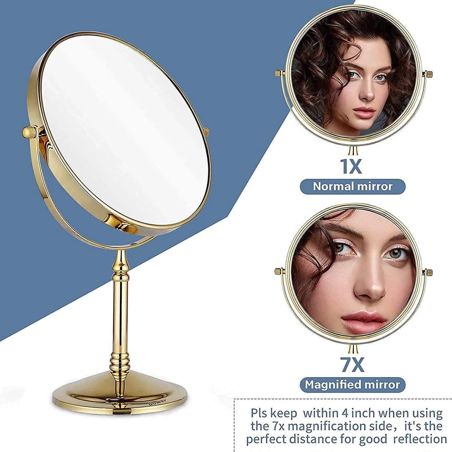 DOWRY Espejo de Maquillaje Dorado Con Aumento 7X - Cosmético de Mesa 8 Pulgadas, Afeitado de Pie, Doble Cara