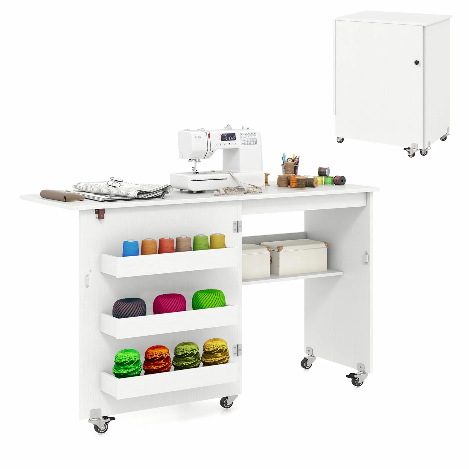 GIANTEX Armario de Costura Plegable 2 en 1 con 5 Ruedas, Mesa de Coser con 3 Compartimentos y 1 Estante Abierto, Aspecto de Vetas de Madera, para Dormitorio, Salón y Estudio (Blanco, 118,5x40x79,5cm)