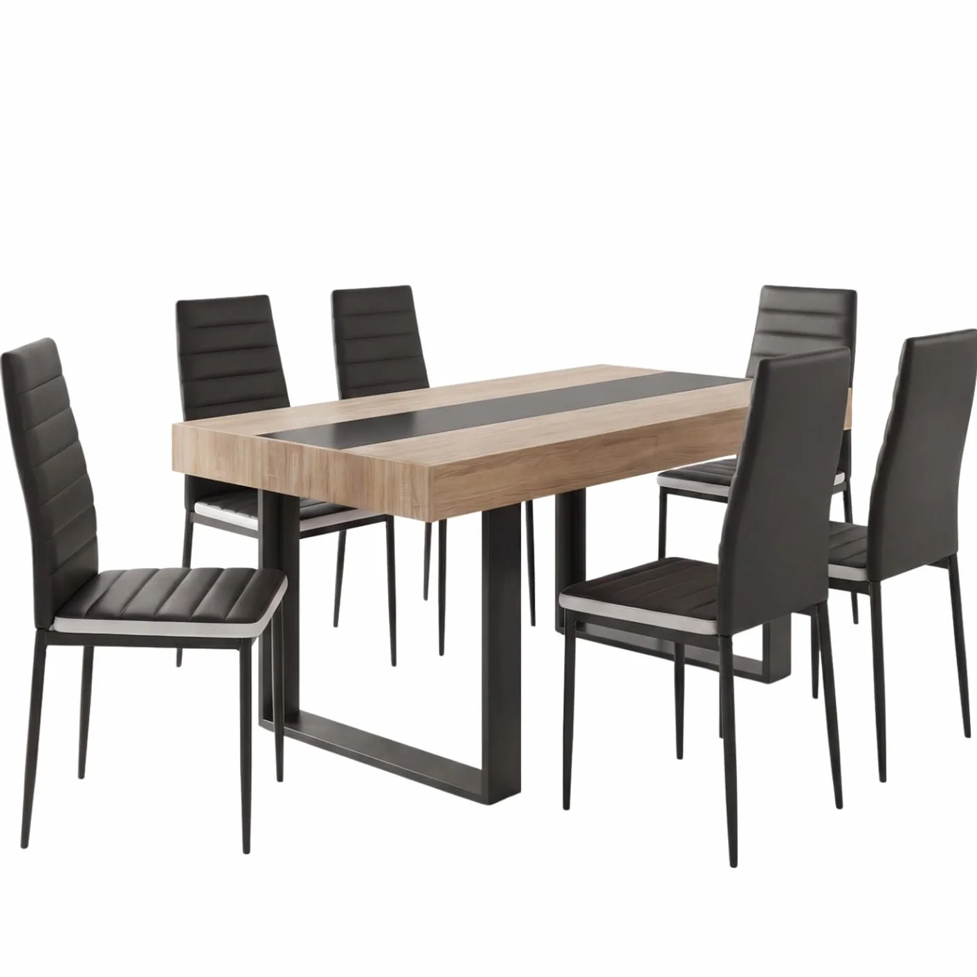 IDMarket - Juego de mesa de comedor rectangular Phoenix en madera y franja central negra de 160 cm y 6 sillas Novelas negro blanco medio