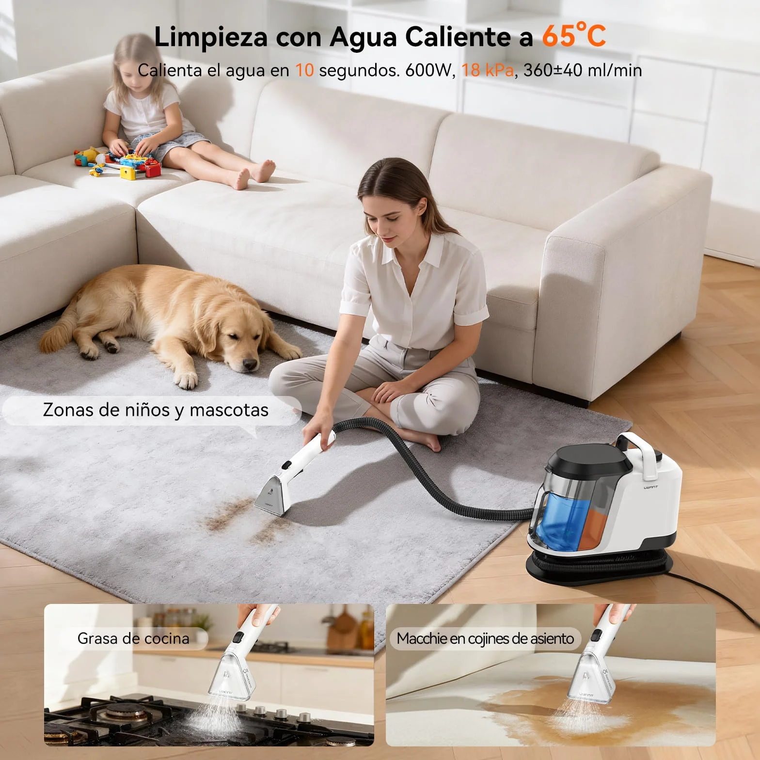 Uwant Aspiradora de Agua Tapiceria Lava y Aspira con Vapor Y100S 1750W 18KPa, 3 en 1 Frío/Agua Caliente 65℃/Vapor 100℃, Portátil, Cepillos mult. Limpia Sofá/Alfombras/Coche/Cocina, 2.4L Depósito
