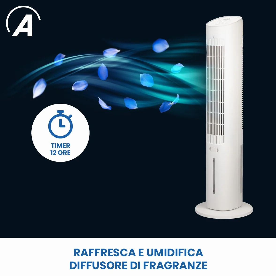 Ardes EOLO TOWER Climatizador Evaporativo 60W con Oscilación Automática, 3 Velocidades, Temporizador 12 h, mando, Pantalla Digital, Controles Táctiles, Depósito 3 L y Difusor de Aroma