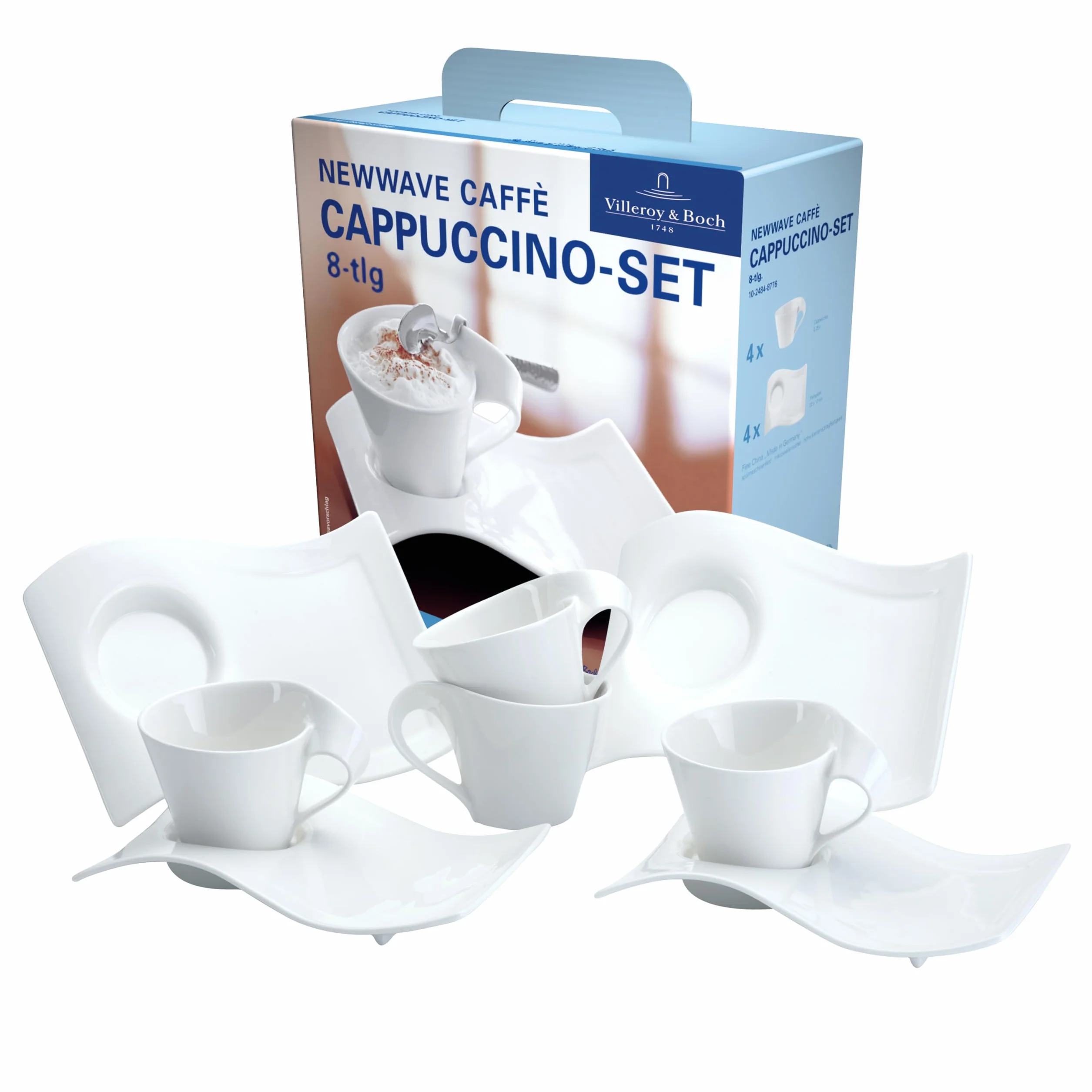 Villeroy & Boch - NewWave Caffé Juego de Capuchino 8 Piezas Blanco, Apto para Lavavajillas, Apto para Microondas, Set de Tazas y Tazones, Juego de Vajilla, Vajilla Blanca, Porcelana Premium