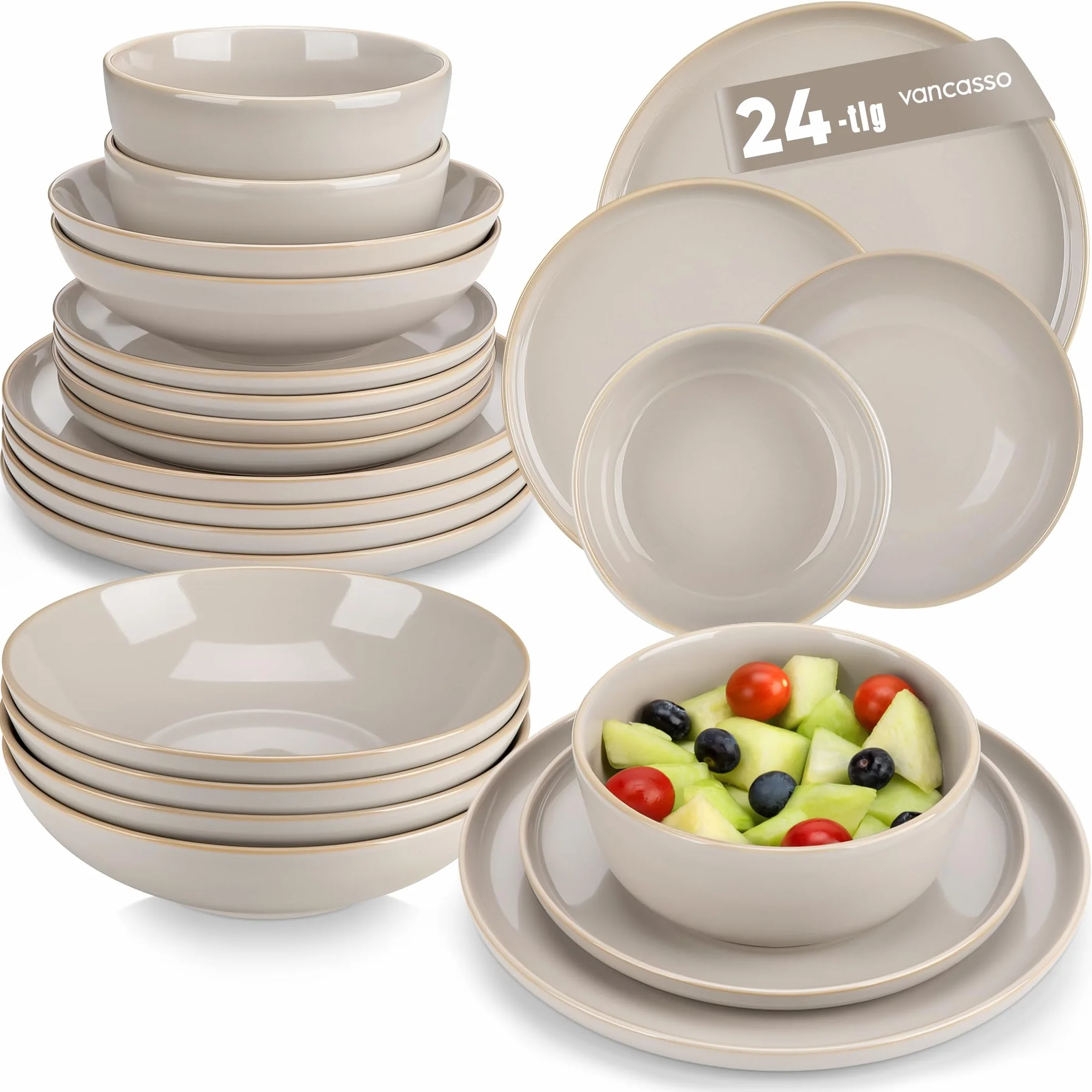 vancasso PLAYA Vajillas Completas 6 Personas, Vajilla Modernas 24 Piezas de Gres - 6 Platos Llanos, 6 Platos de Postre, 6 Platos Hondos y 6 Cuencos - Esmaltado Reactivo Gris, Apto para Lavavajillas