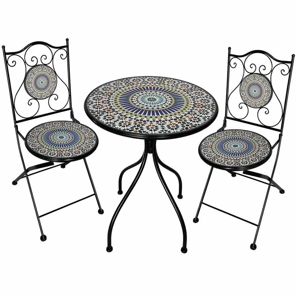 WANDERLUST DECO Conjunto de Jardín Mesa y 2 Sillas de Mosaico Naranja y Forja Negra, Set Bistró para Terraza o Exterior, Mesa Ø60 cm con Sillas Decorativas, Mobiliario Exterior Elegante