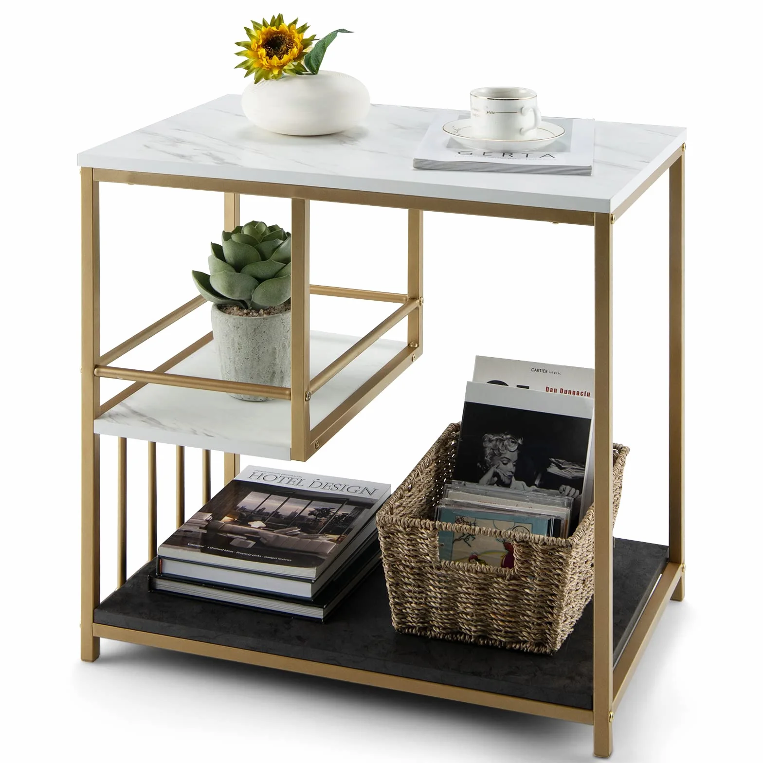 COSTWAY Mesa Auxiliar Blanca, Mesa con 3 Niveles y Estructura en Acero Pintada Dorada, Mesita Moderna para Salón Dormitorio, Fácil de Montar, Mármol y Oro 60 x 40 x 60,5 cm