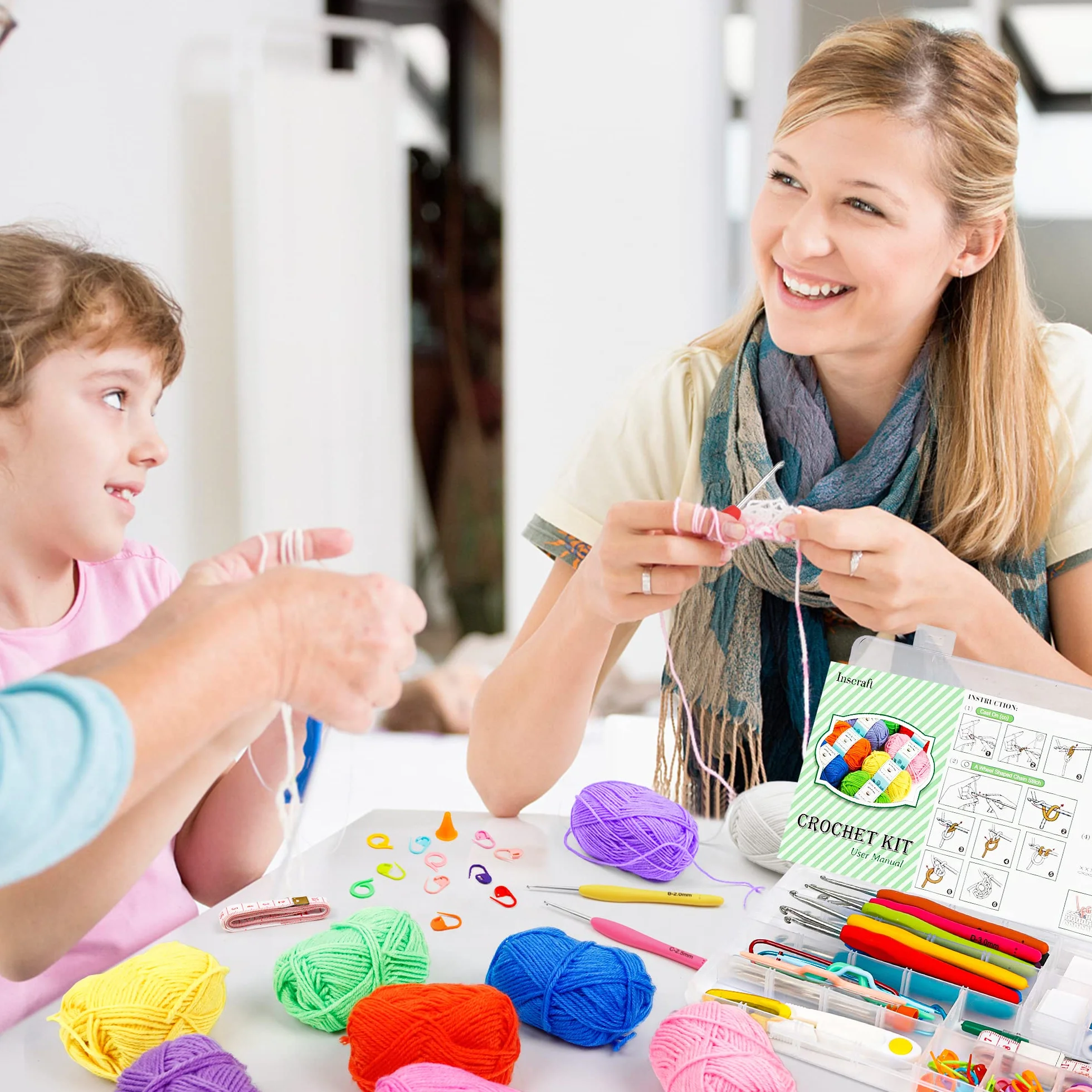 Kit de ganchillo con agujas de 103 piezas, paquete prémium que incluye bolas de hilo de 1509 m, agujas, accesorios, paquete de inicio ideal para niños, adultos, principiantes y profesionales.