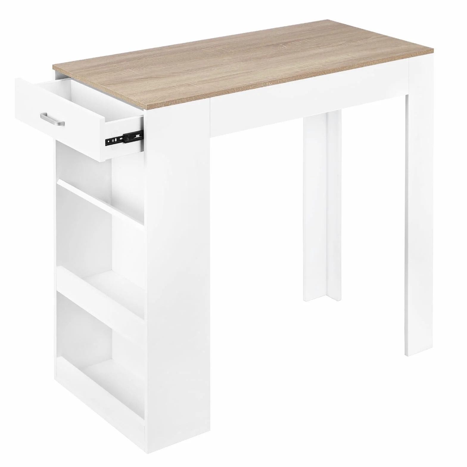 WOLTU Mesa Bar Alta, Mesa Cocina con Estantería Lateral de 1 Cajon 1 Botellero y 2 Estantes, Mesa para Comedor Salón (Sin Tablas de Madera, Blanco + Roble Claro, 100 x 50 x 100 cm)