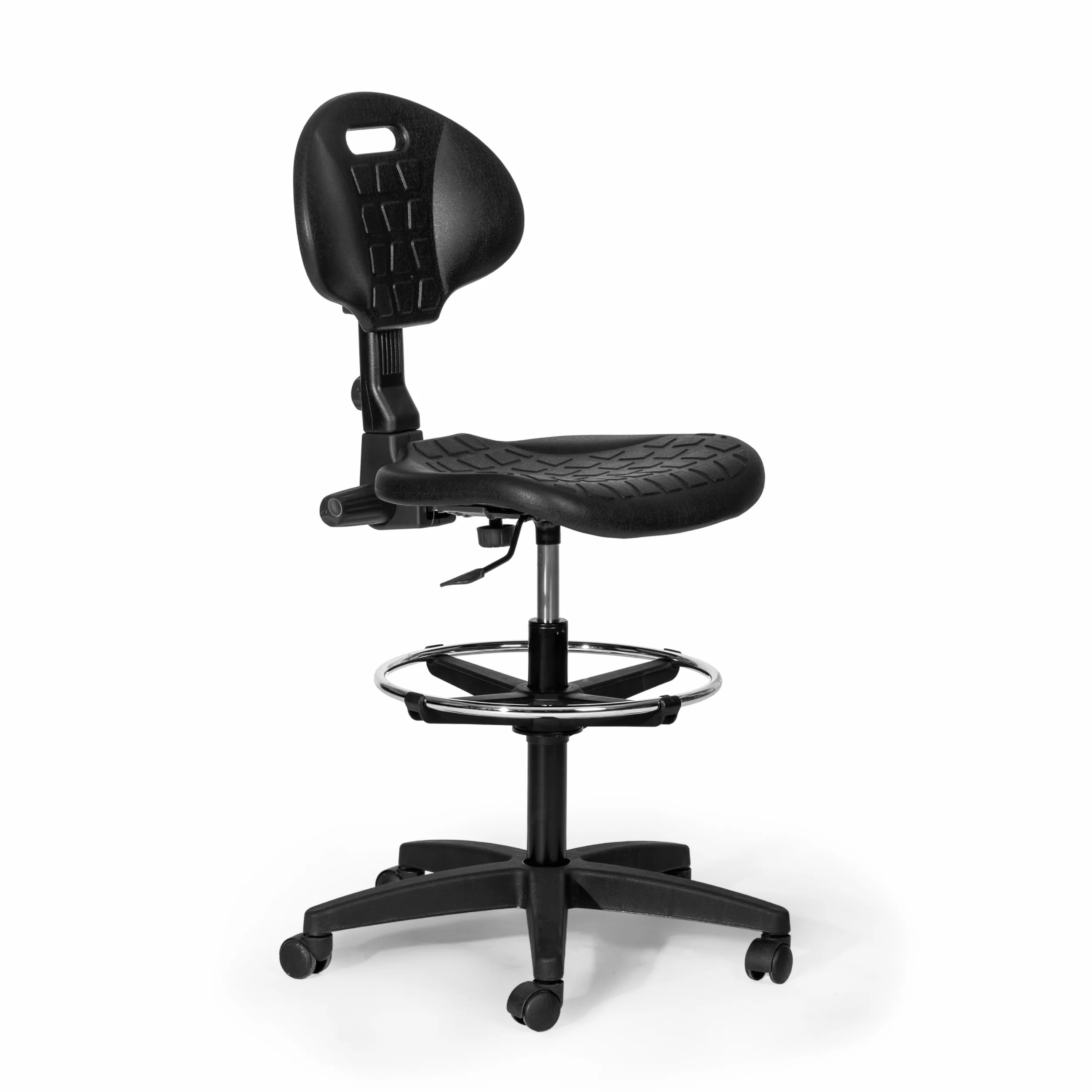 Topsit Silla de trabajo IND102 de poliuretano, taburete ergonómico de oficina, silla de taller, altura regulable y respaldo ajustable, fácil de limpiar, silla estable con anillo de pie ajustable.