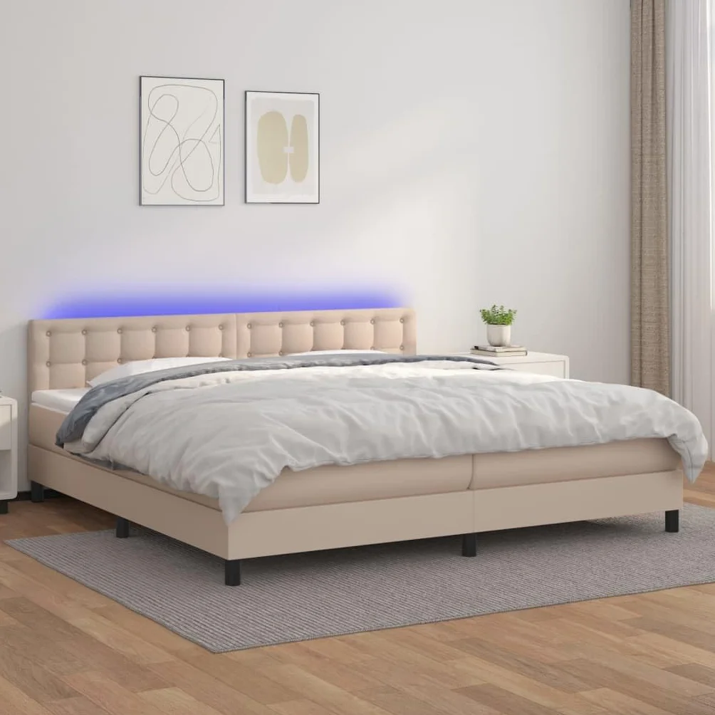 Cama con somier con colchón y LED marrón capuchino 200 x 200 cm, cama tapizada de piel sintética con cabecero regulable en altura, colchón de muelles ensacados, tiras LED USB, dormitorio