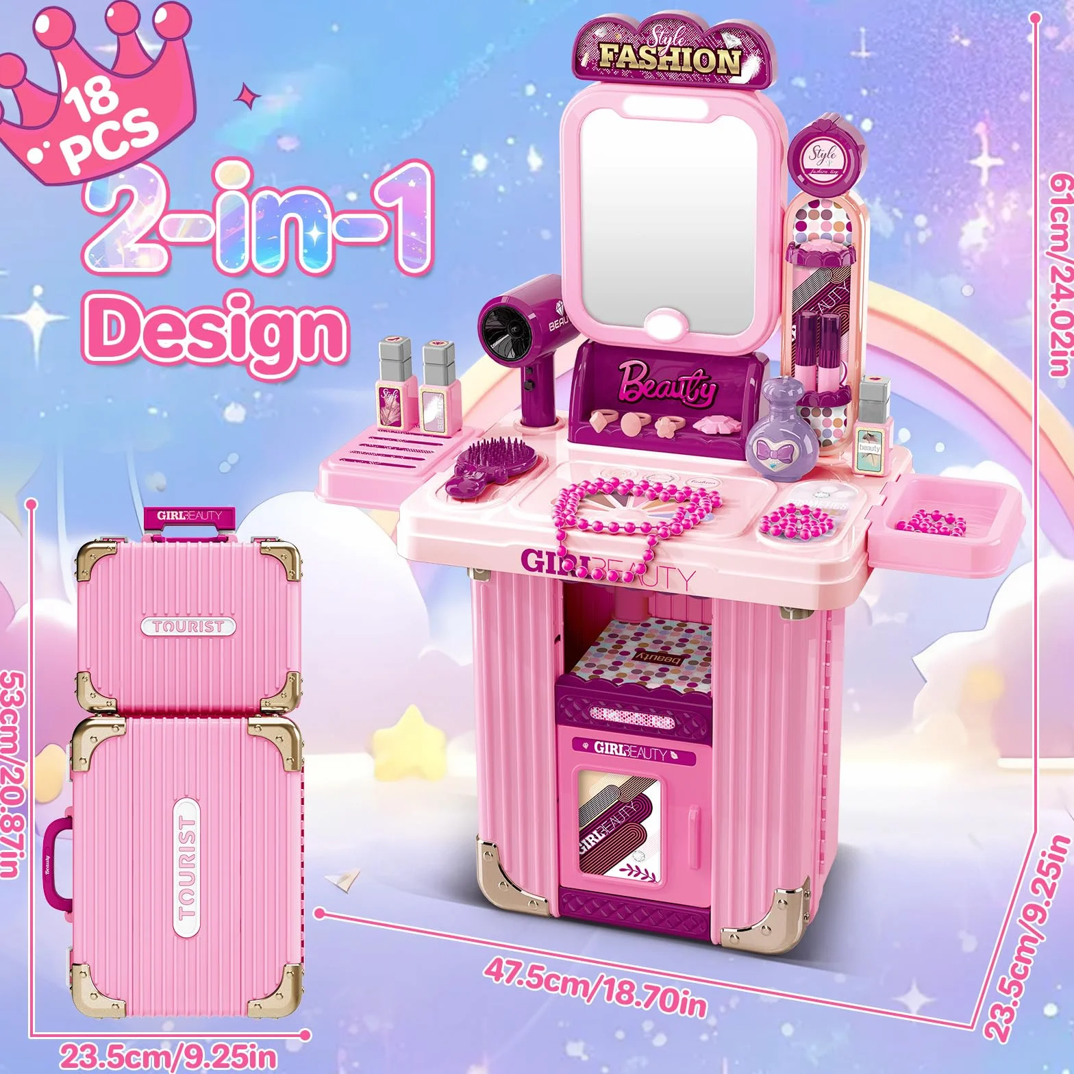 deAO Tocador de Maquillaje Niña Princesa con Maletín, Juegos Infantiles 3-12 años