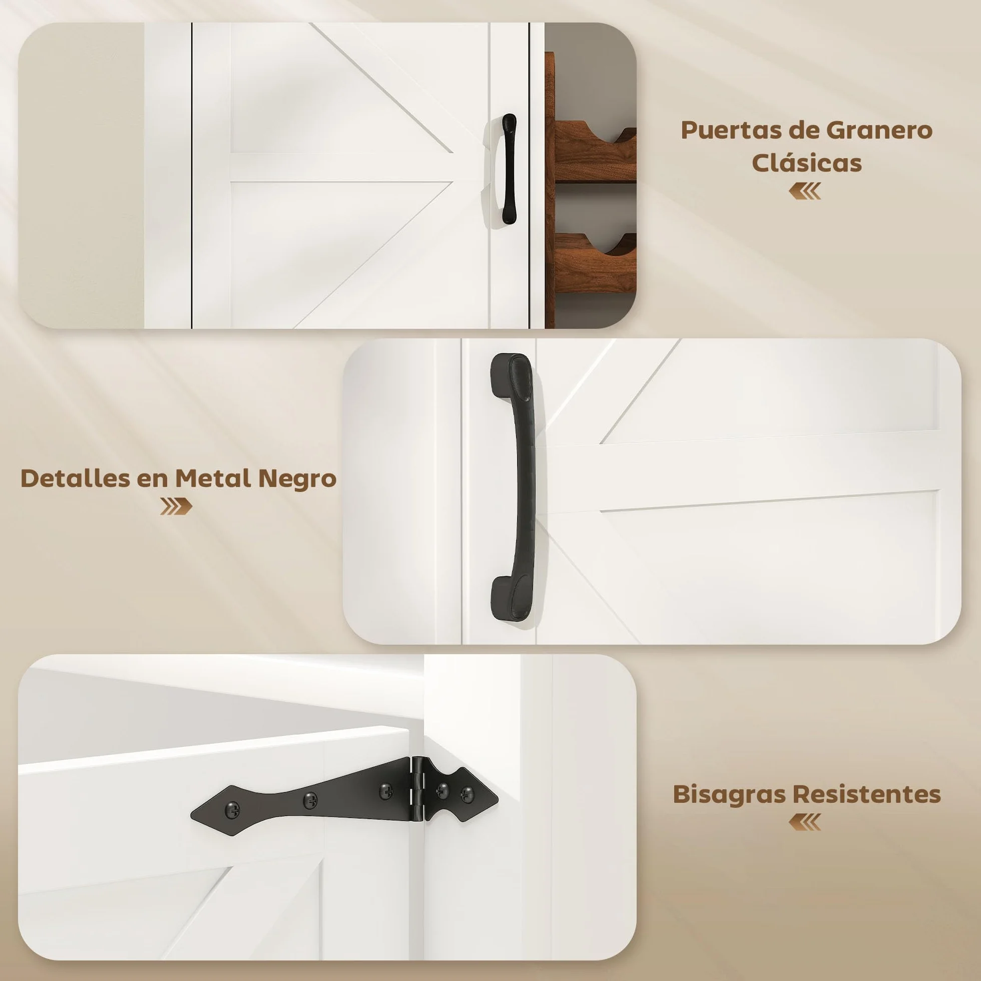 HOMCOM Aparador de Cocina con Botellero, 2 Puertas de Granero, Estantes Ajustables, Soporte para Copas para 9 Botellas, 120x37x88 cm Blanco
