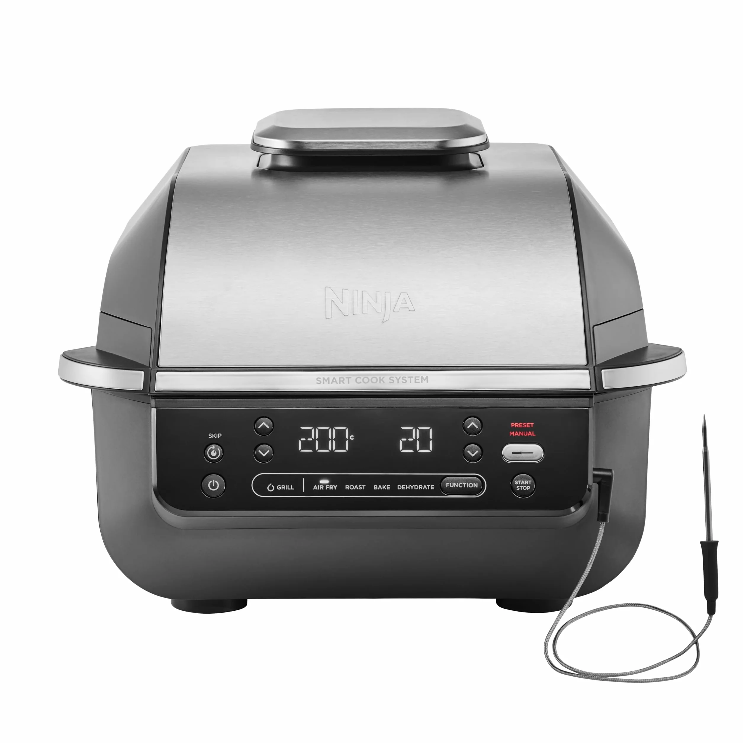 Ninja 5 en 1 Freidora de aire y parrilla de interior, 5 funciones de cocción sin humo, cocina hasta 4 hamburguesas, capacidad de 5,7 l, incluye termómetro digital para carne, negro/plata, EG351EU