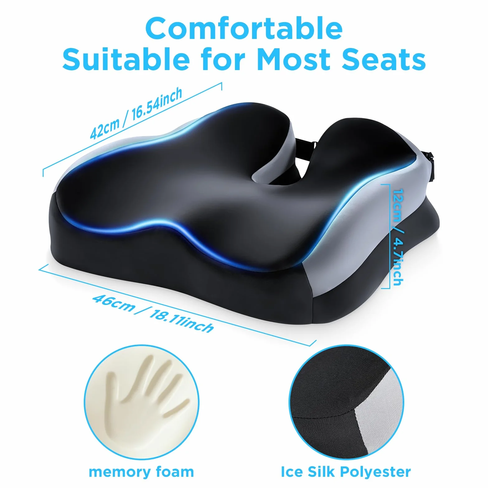 Cojín Silla Oficina para Aliviar Dolor de Coxis y Ciática, Cojín Ortopédico de Espuma Viscoelástica, Base Antideslizante, Soporte Ergonómico Cadera y Espalda para Oficina y Coche