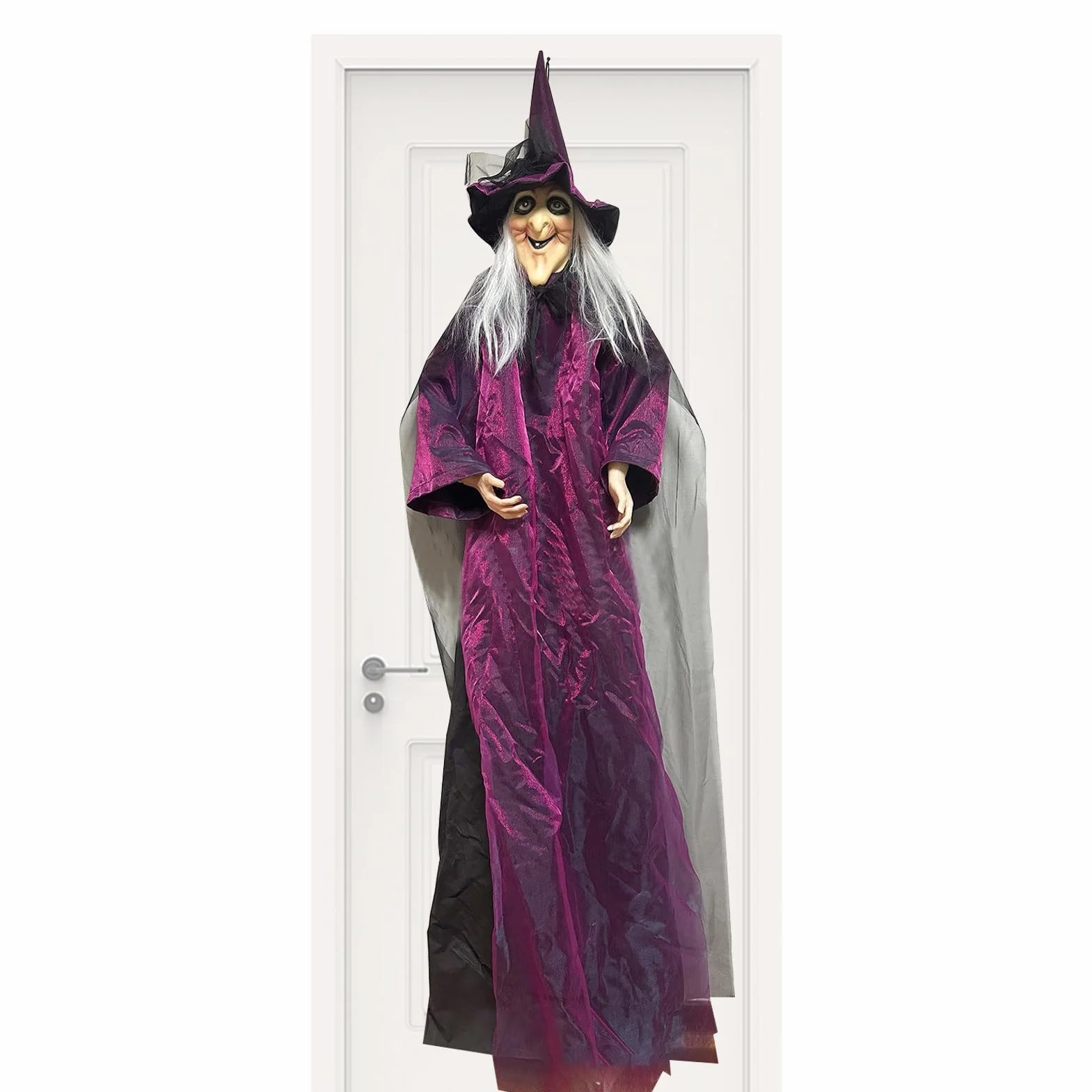 Bruja de Halloween tamaño natural, cuerpo completo, rellena, con batería, movimiento, accesorios