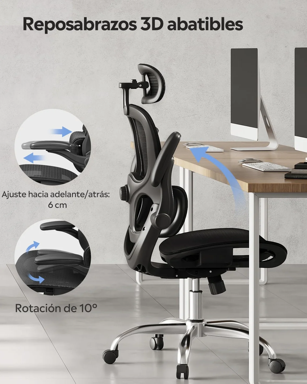 DEVAISE Silla de Oficina Ergonómica, Silla Ergonomica Escritorio con Reposacabezas 3D Ajustable, Reposabrazos Regulables, Respaldo Transpirable y Soporte Lumbar para Home Office, Negro