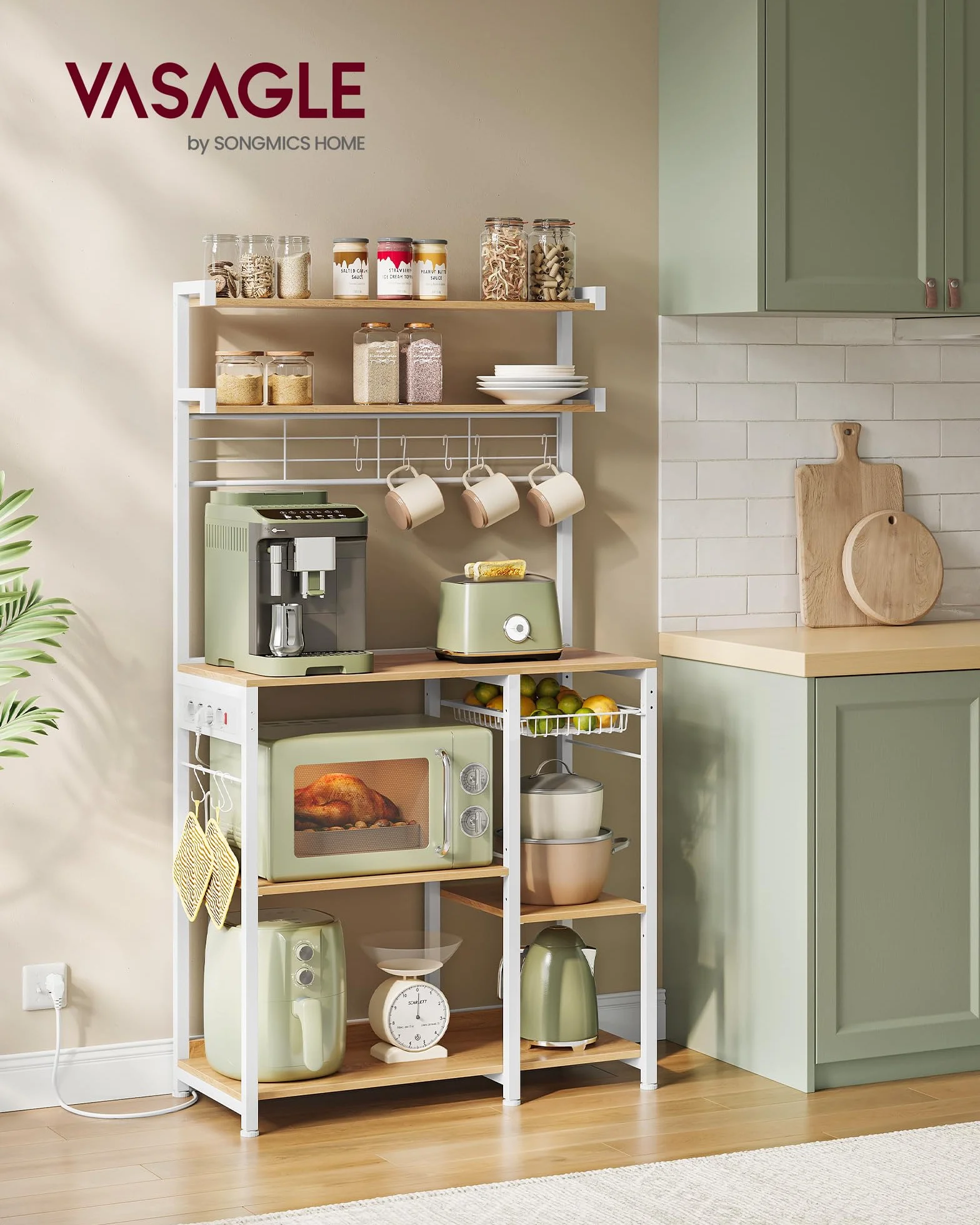 VASAGLE Estantería de Cocina con Enchufes, Estantería de Panadería, Barra de Café, 8 Ganchos en S, Cesta, Especiero, 40 x 90 x 165,5 cm, Roble Dorado y Blanco Nube KKS031Y19
