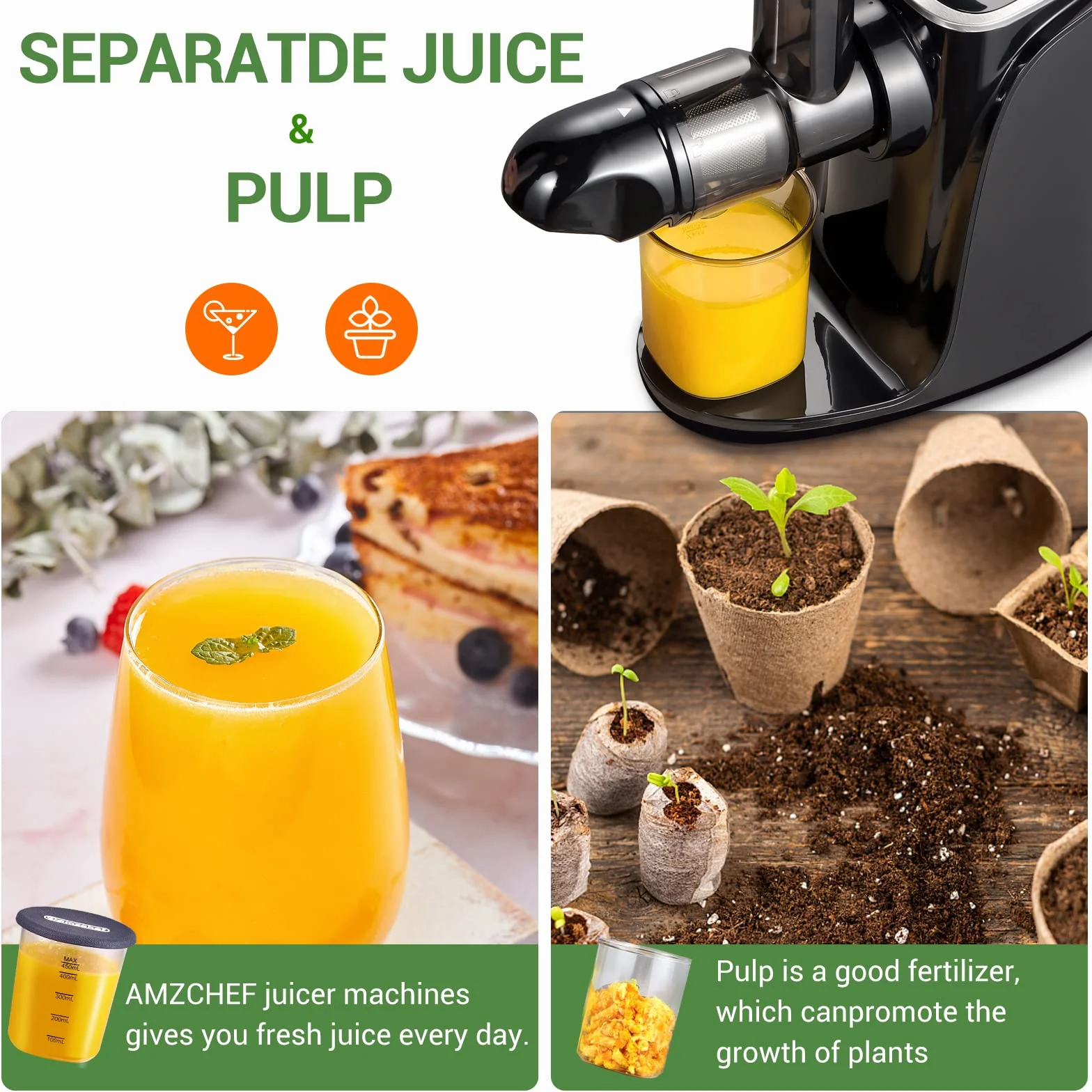 AMZCHEF Licuadora para Verduras y Frutas con 2 Modos de Velocidad - Licuadora Prensado en Frio con Función Inversa - Extractor de Zumos y Verduras con Botella Portátil y 2 Tazas - Negro Juicer