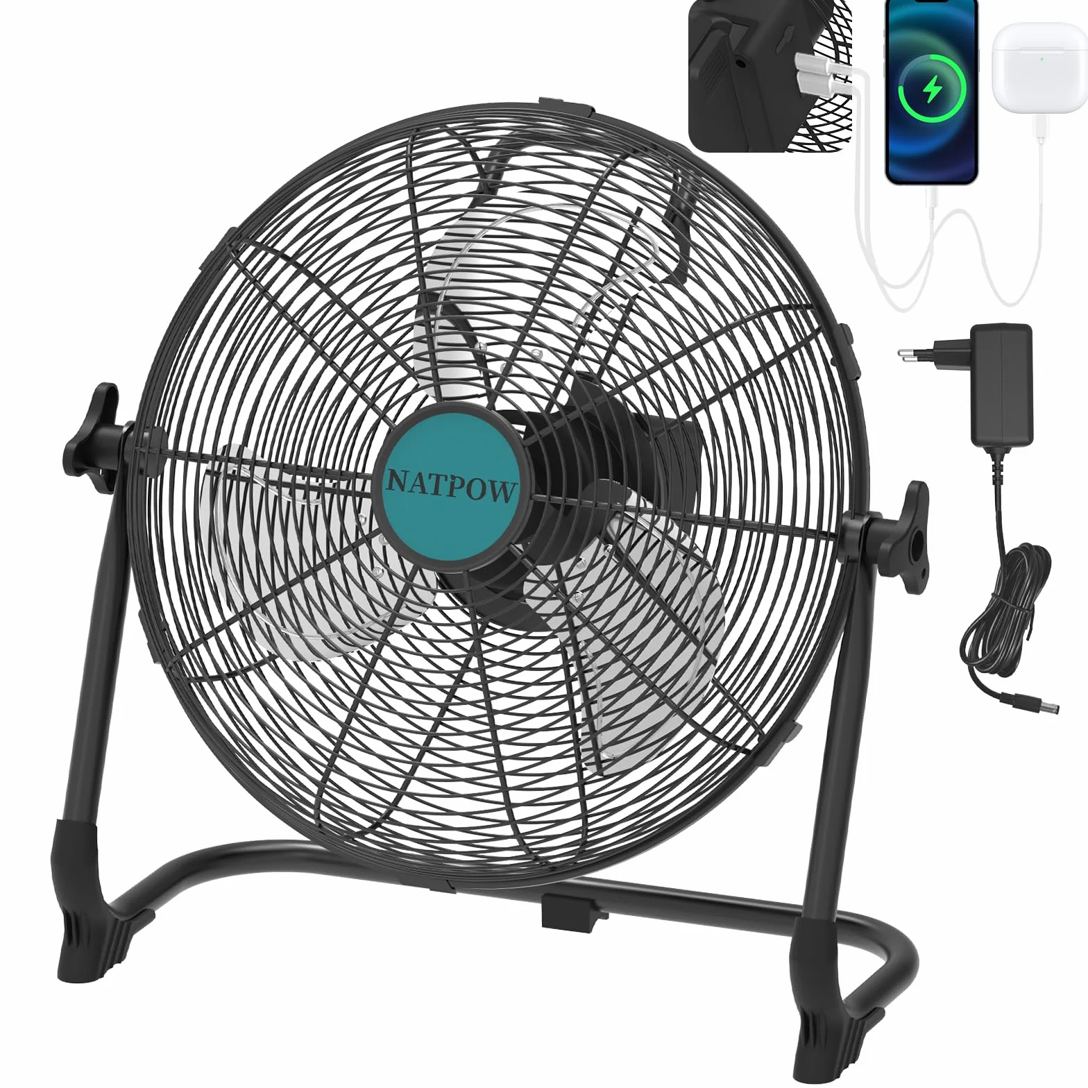 NATPOW Ventilador de Suelo Compatible con Baterías Makita de 18V, 30cm Ventilador Potentey y Silencioso, Equipado con Puertos USB y Type-C para Uso Uso en Interiores y Exteriores (sin batería)