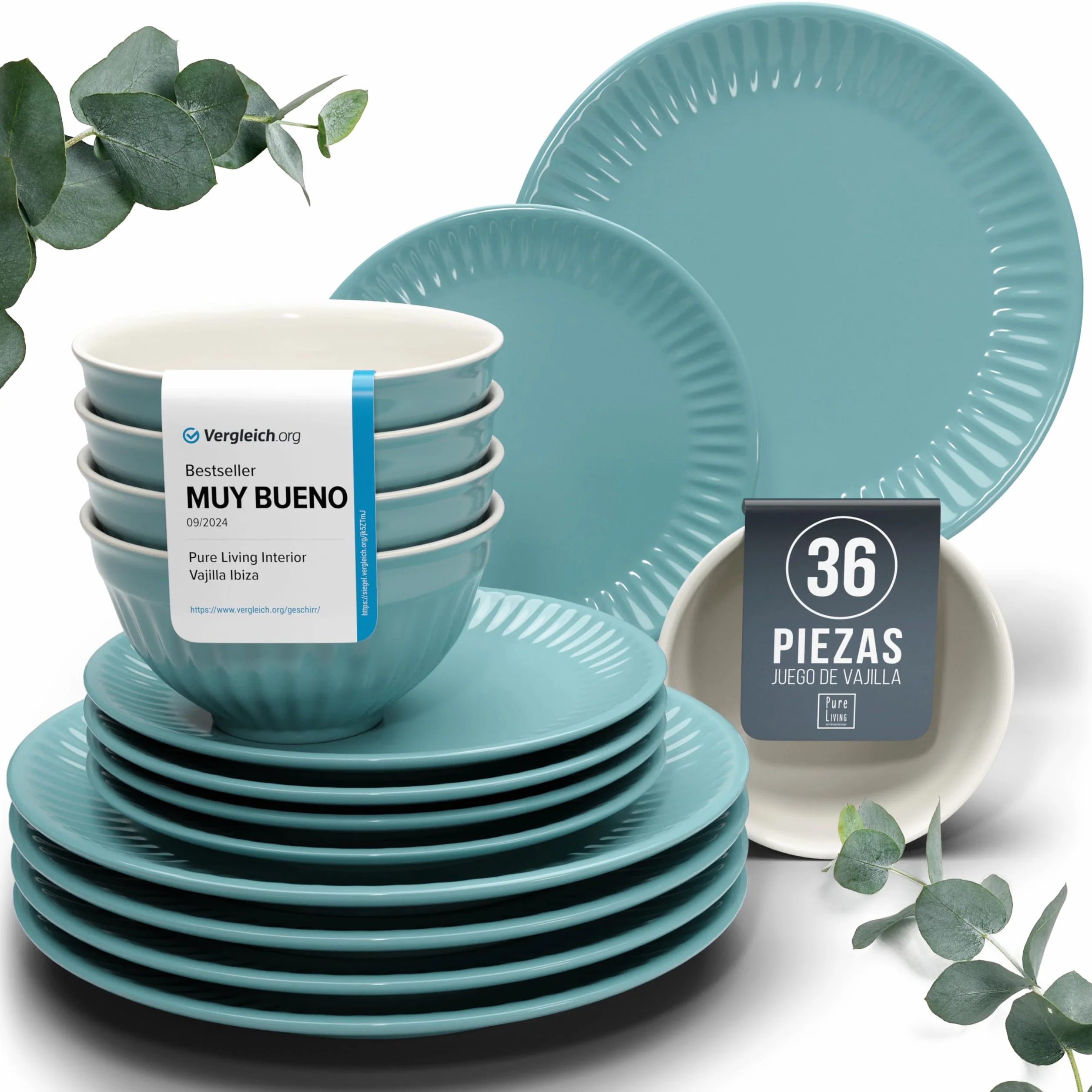 Elegante juego de vajilla de 36 piezas, serie Hygge, juego de cuencos y platos, vajilla de cerámica para 12 personas, apta para lavavajillas y microondas, color verde