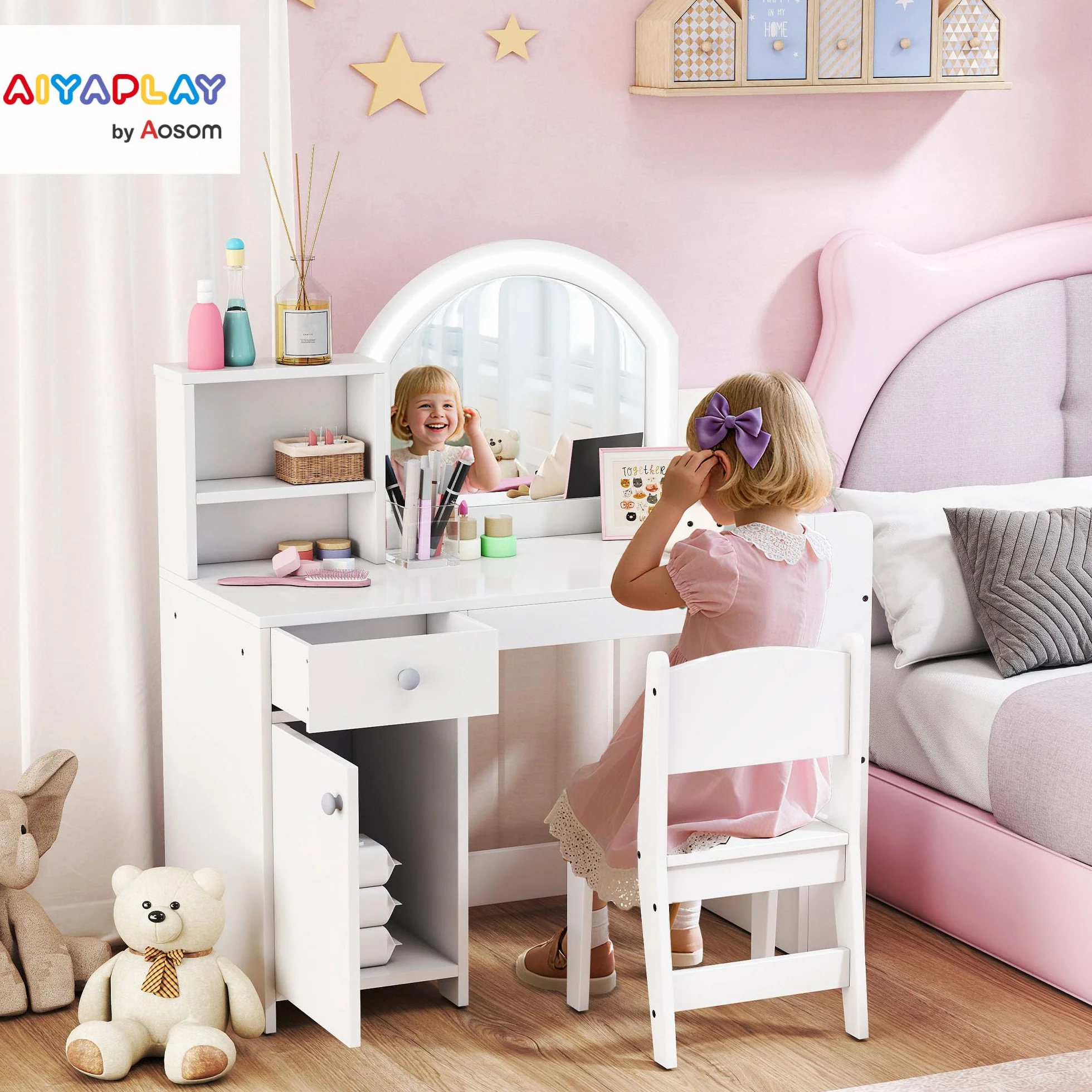 AIYAPLAY Tocador de Maquillaje Niña Infantil con Taburete, Espejo LED, Cajón y Estantes, Blanco