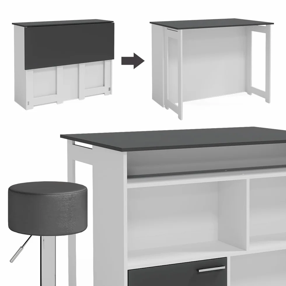 Vicco Set de Mesa de Bar Dominic, Antracita/Blanco, 116 x 37 cm, 2 Taburetes, Tablero Abatible
