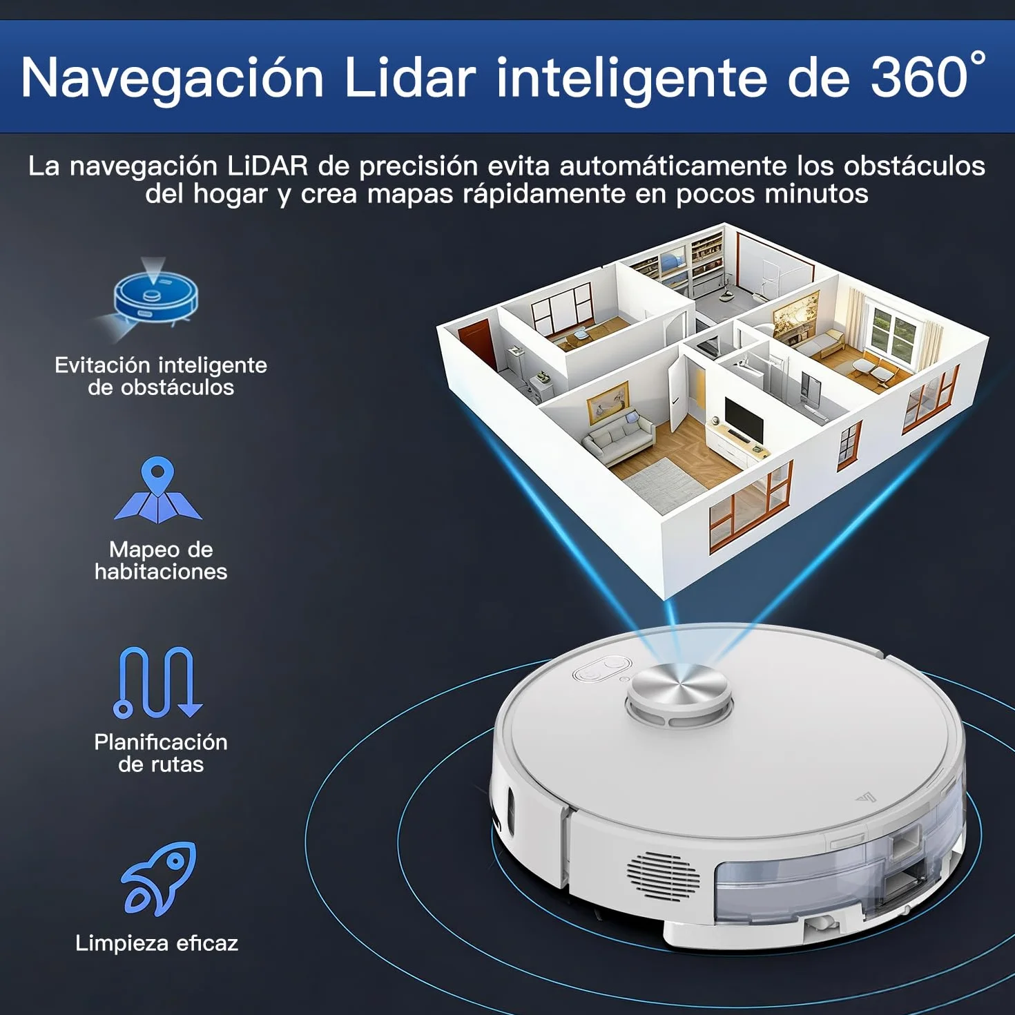 Robot Aspirador y fregasuelos hasta 8000Pa Navegación LiDAR y Mapeo | Potente succión Autovaciado Autonomía de 220 Minutos, Anticolisión, Limpieza Personalizada Control por Voz y App-Blanco