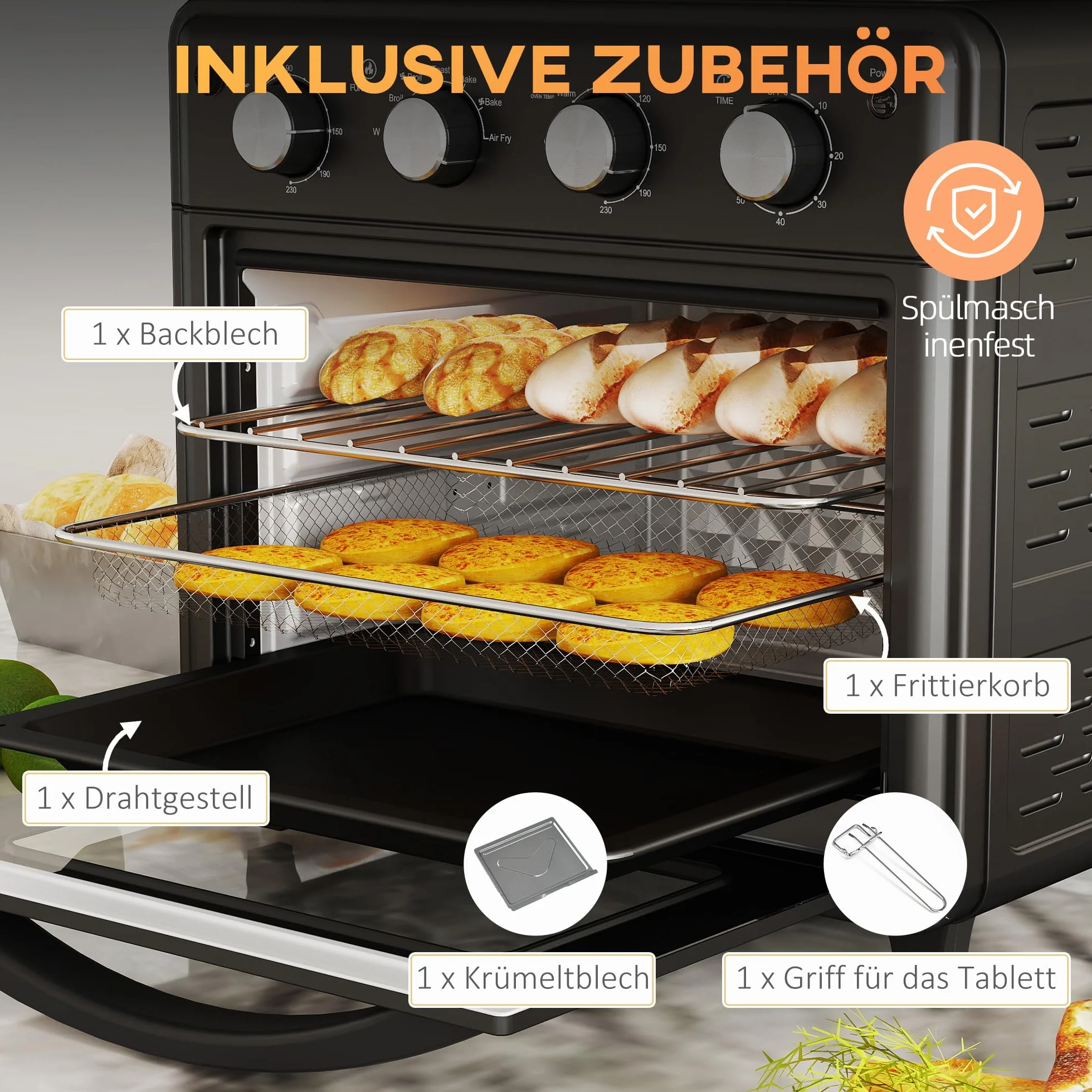 HOMCOM Horno Eléctrico Multifunción de Sobremesa Mini Horno Tostador de 30L 1600W Freidora de Aire con 7 Modos de Calor Temporizador y Temperatura Regulable 43x39x39 cm Negro