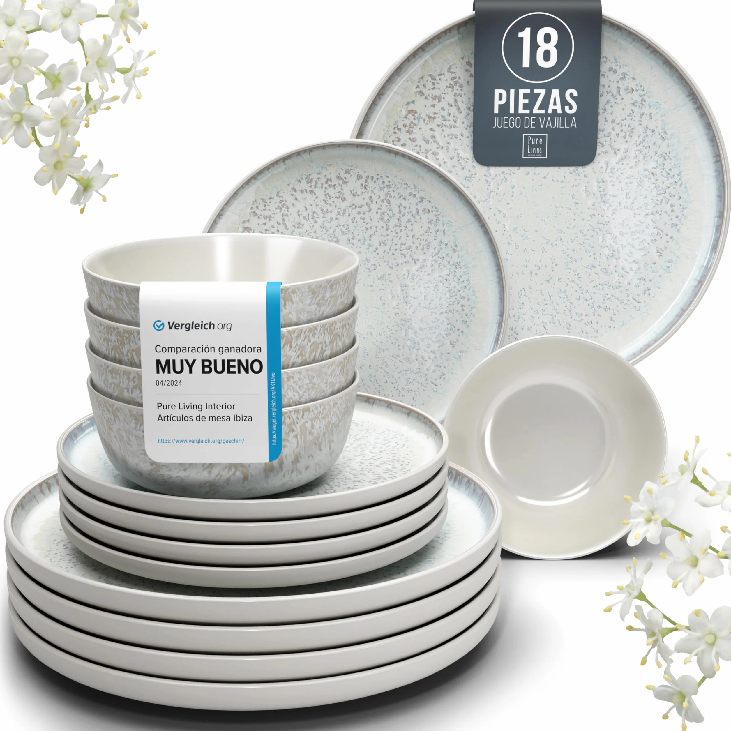 Juego de Vajilla de Steingut Ibiza para 6 Personas - 18 Piezas, Set de Vajilla para Lavavajillas y Microondas - Moderno Juego de Platos - Servicio de Pure Living en beige claro