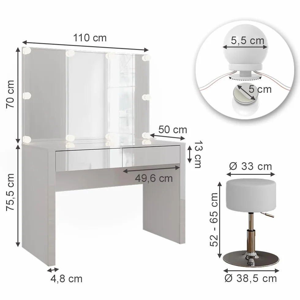 Vicco Tocador Annabelle, Blanco Alto Brillo/Blanco, 110 cm | con iluminación LED y taburete, Mantiene los productos de uso diario siempre al alcance de la mano