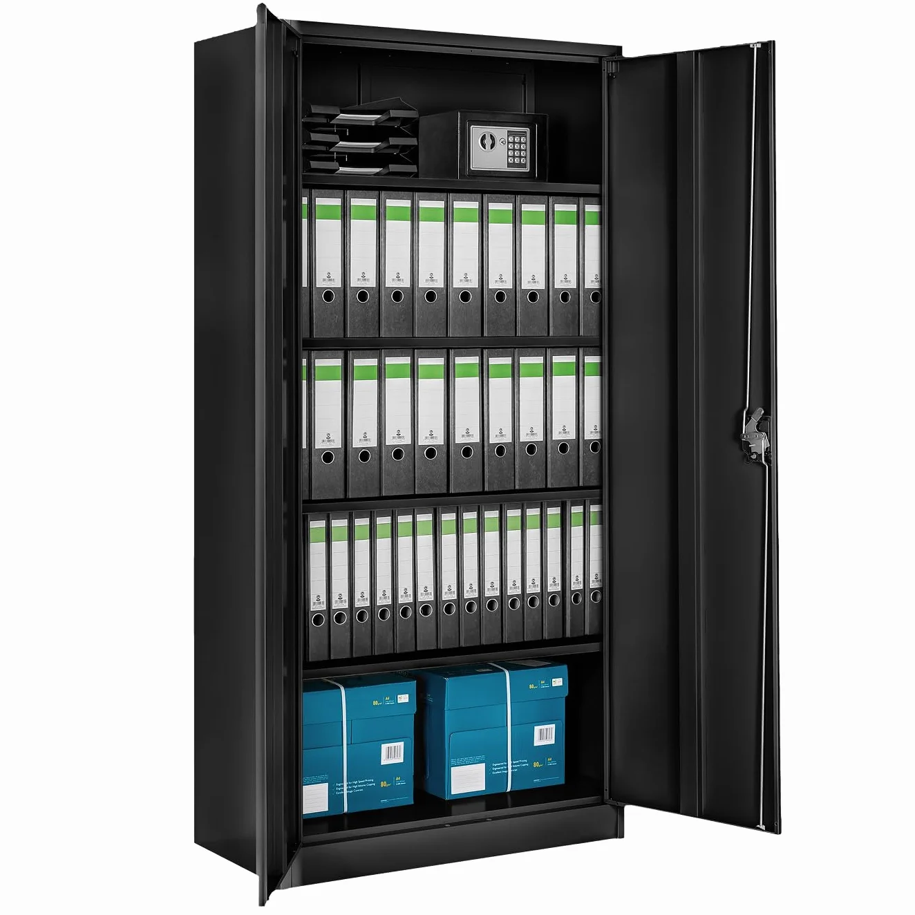 tectake® Armario Archivador Oficina en Acero 180x90x40 cm, Armario Exterior e Interior con Cerradura, Armario Multiusos con 2 Puertas, 4 Estantes Ajustables y 5 Alturas, Fácil Montaje - Negro
