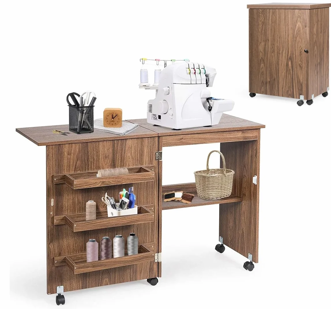 RELAX4LIFE Mesa de Costura Plegable con 5 Ruedas, 4 Estantes de Almacenamiento y Frenos, Mesa para Máquina de Coser de MDF, Mesa Multifuncional para Salón, Dormitorio, 118,5x40x79,5cm (Marrón)