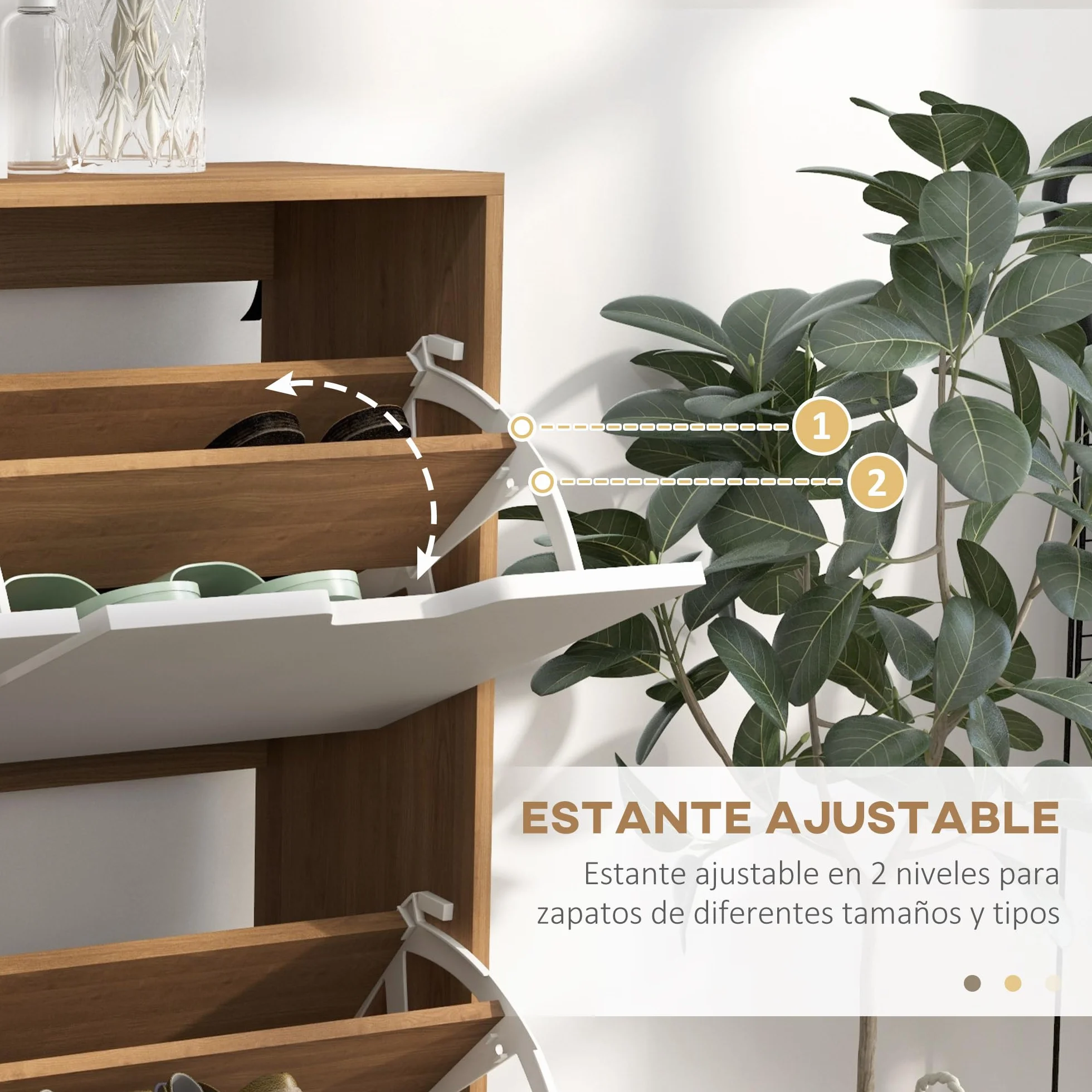 HOMCOM Zapatero Estrecho con 4 Cajones Abatibles, Zapatero Entrada Recibidor con Patas de Madera y Estantes Ajustables, para 16 Pares de Zapatos, para Pasillo, 95x26x95 cm, Blanco y Natural
