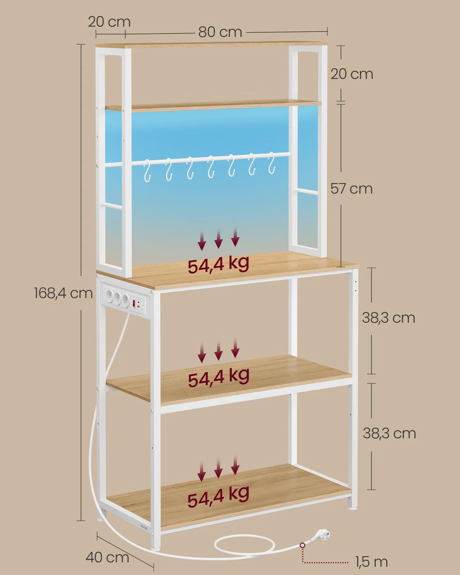 VASAGLE Estantería de Cocina con LED, para Microondas con Regleta, Estantes Ajustables, 8 Ganchos, 40 x 80 x 168,4 cm, Roble Dorado y Blanco Mate KKS050YA01