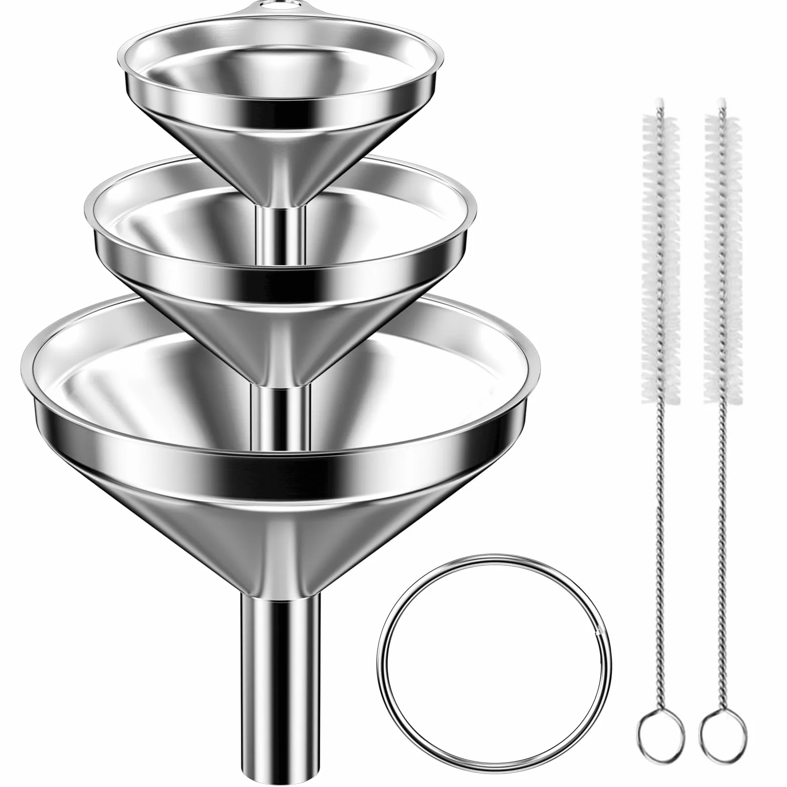 Newpop Set de Embudos de Cocina de Acero Inoxidable 3 Tamaños 4.5/5.5/7.5cm con Cepillo de Limpieza