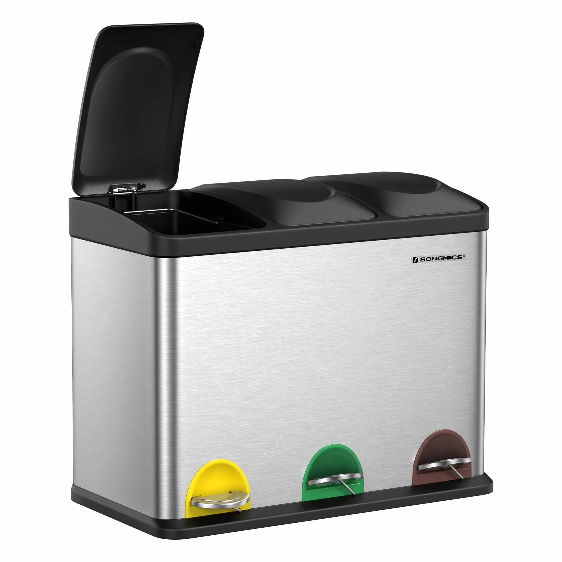 SONGMICS Triple Basura con Pedal, Metal 45L, Sistema de Separación de Residuos, 3x15L, Tapa, Acero Inoxidable, Plata Metálico/Negro LTB45L