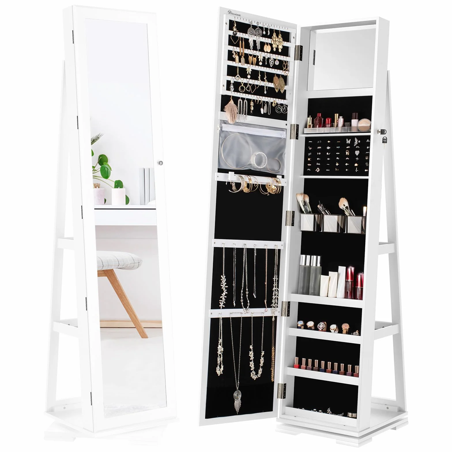 YITAHOME Jewellery Cabine Standing Full Length Mirror, 360° Swivel Jewelry Armoire 3-in-1 Mirror, Lockable Cosmetic Organizadores de herramientas