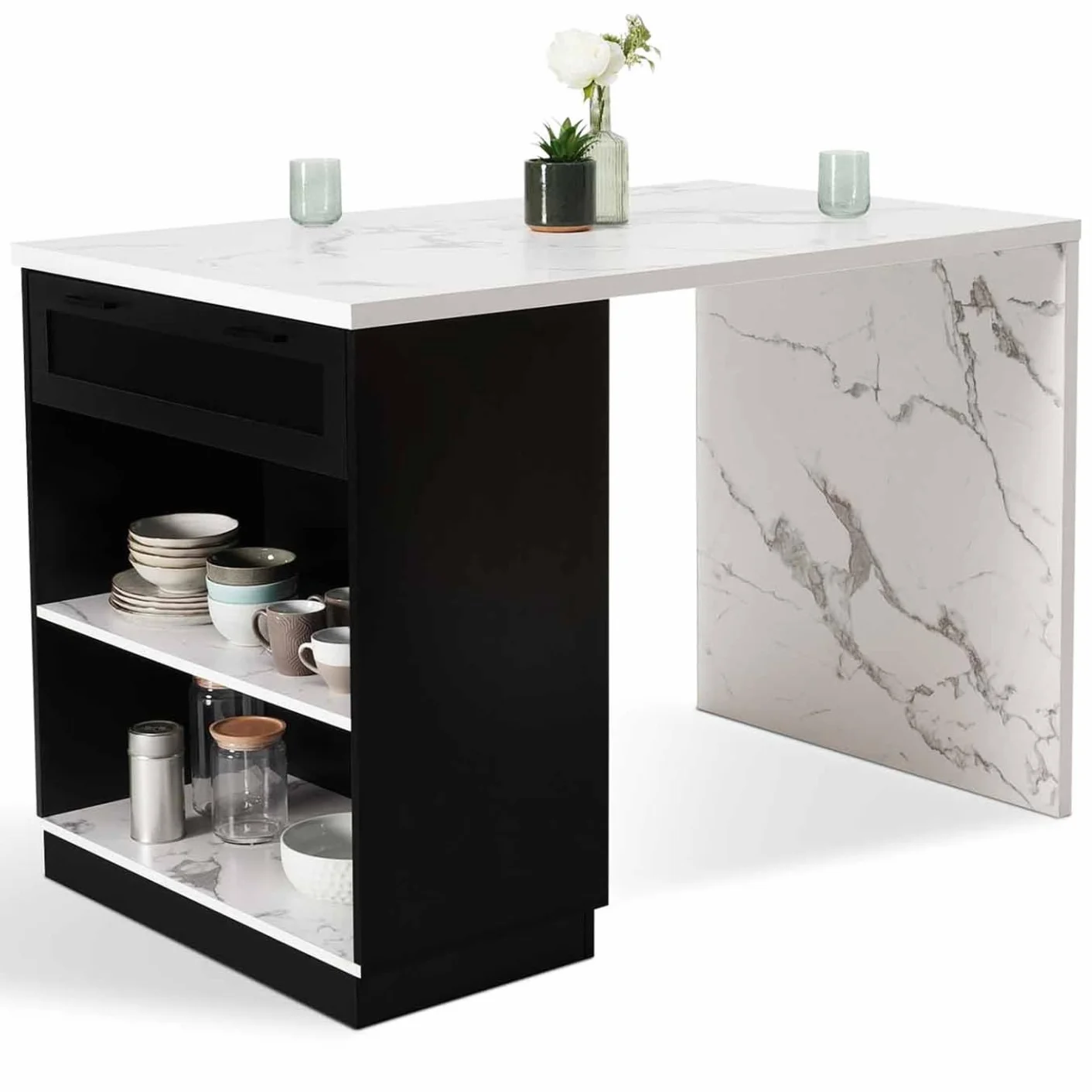IDMarket - Desayunador Central VITO para 4 Personas 130 cm Negro y Tablero Efecto Mármol Alaska