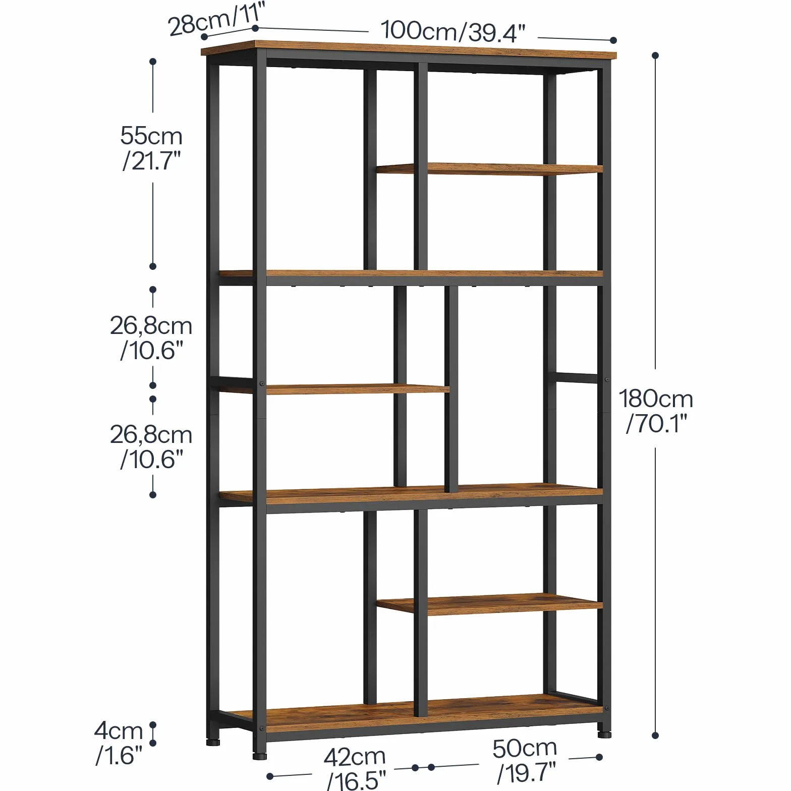 HOOBRO Librería de 7 Niveles, Estantería Abierta con 4 Patas Ajustables, Librería de Aglomerado y Estructura Metálica, para Salón y Despacho, 100 x 28 x 180 cm, Marrón Vintage y Negro EBF06SJ01