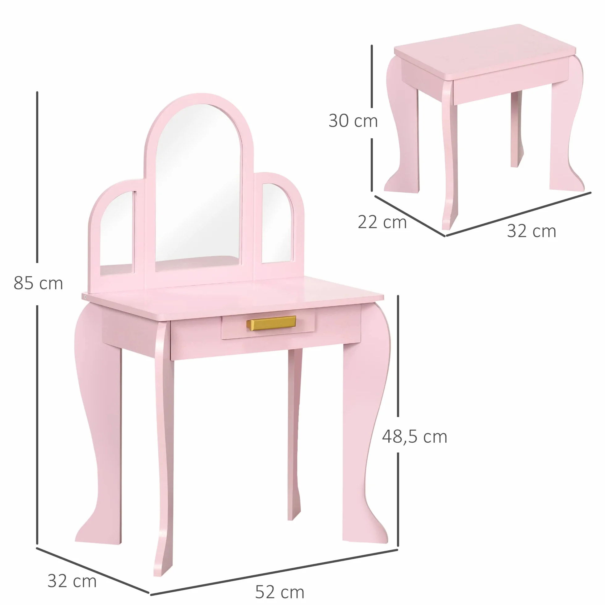 HOMCOM Tocador Infantil con Espejo y Taburete de Maquillaje Madera Rosa para Niñas 3-6 Años