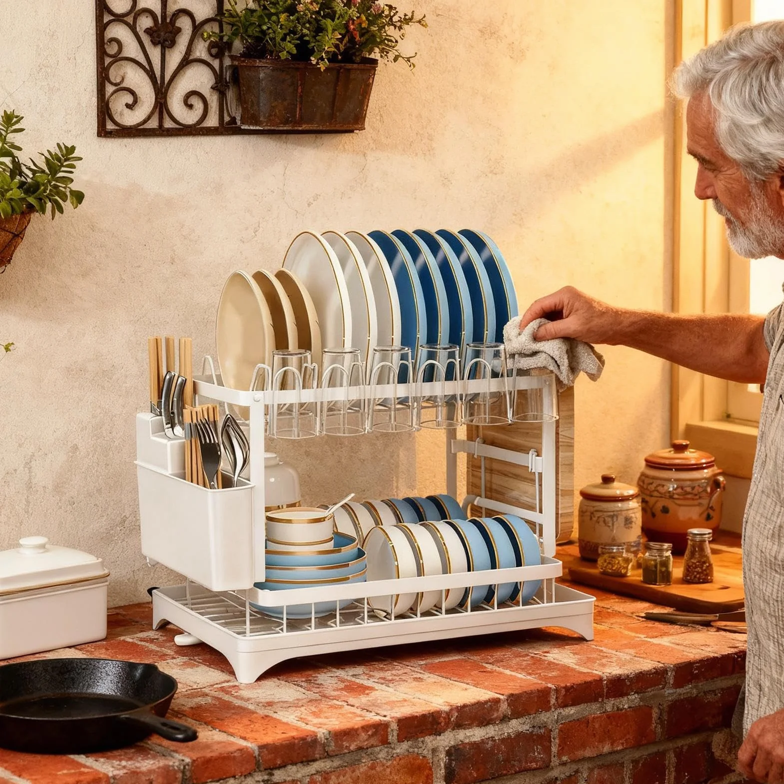 Generisch Escurridor de platos | 2 niveles con soporte para utensilios y espacio de almacenamiento, escurridor de platos para encimera de cocina | fregadero casa apartamento tazas y tazas cubiertos